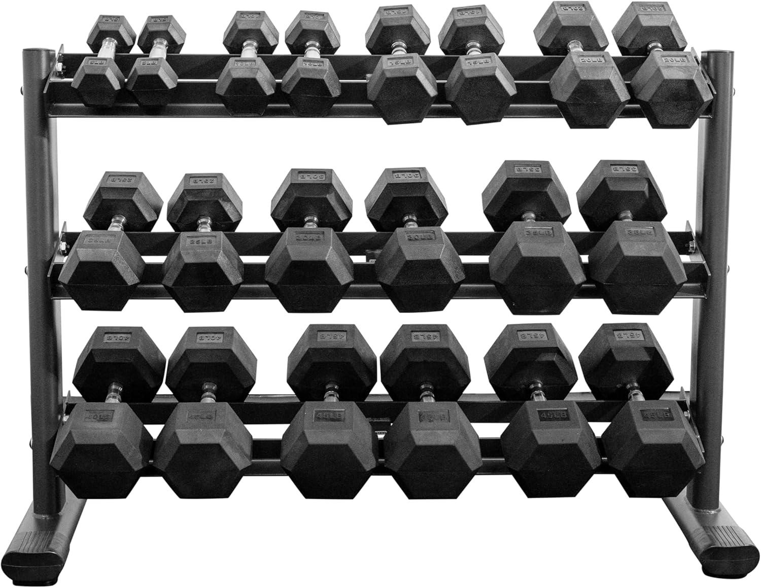 BodyKore Rubber Hex Dumbbell Set With w/ 3 Tier Commercial Rack, Home Workout Gym Tools, Heavy Weight Stainless Steel Exercise Tools Storage Stand For Home Gym (accommodate 5-50lbs)