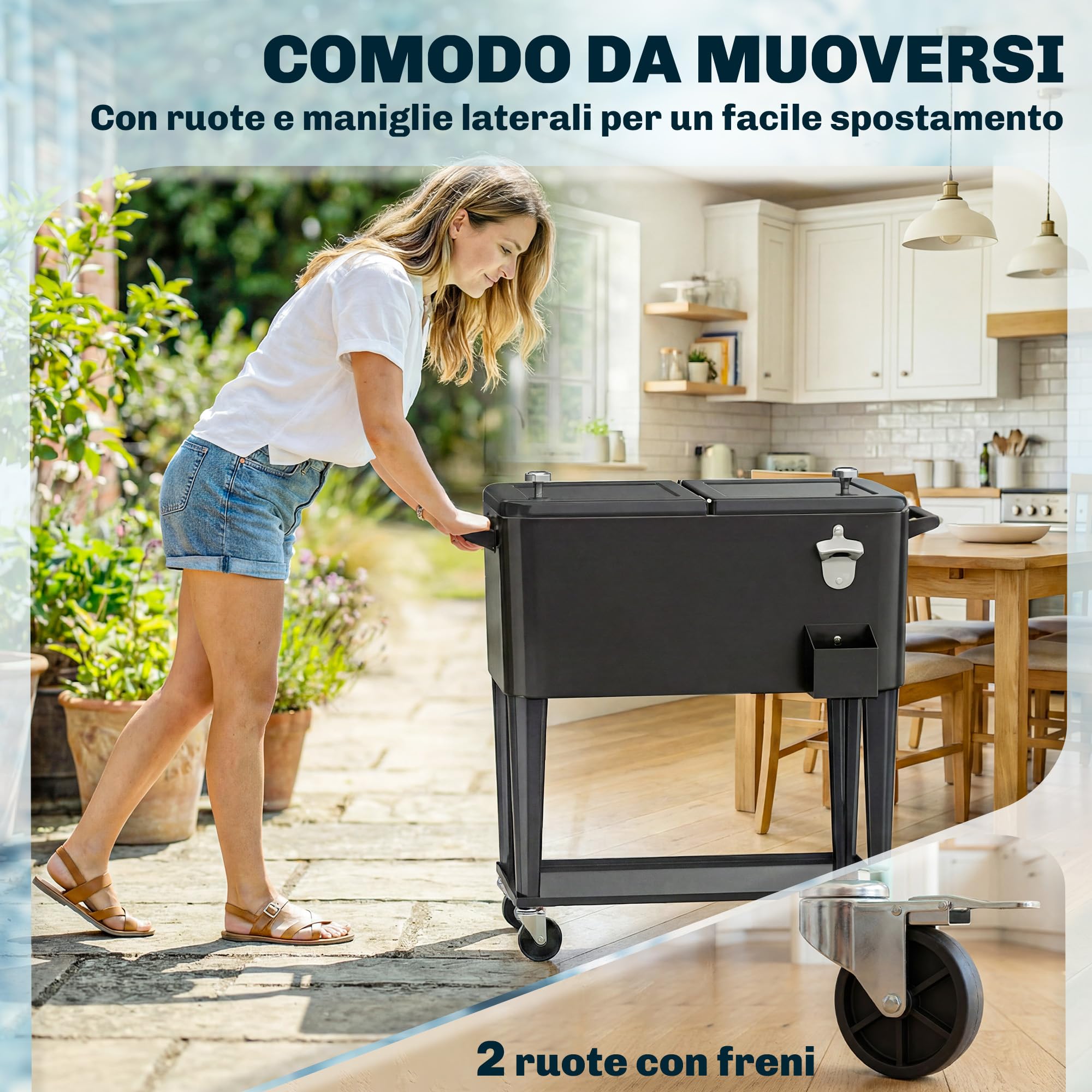 Outsunny Nevera de jardín de 76 l, carro para comida de jardín con estante, abrebotellas, ruedas bloqueables, archivador de tapones, portátil para bebidas, bar, patio y fiestas, color negro