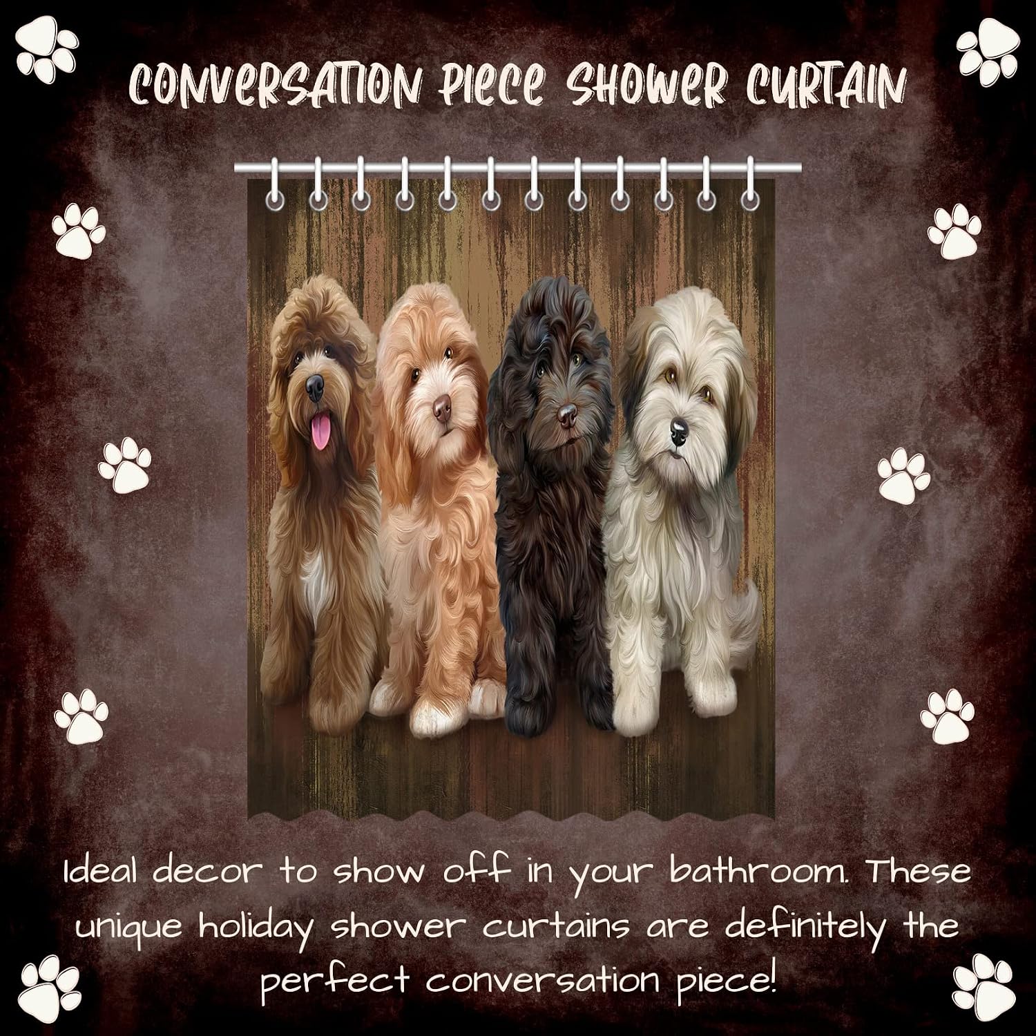 Rustic 4 Cockapoo Dog Shower Curtain - Waterproof Polyester One-Side Printing Pet Bathtub Curtain Decor Curtain for Bathroom with Hooks, 72"x72"