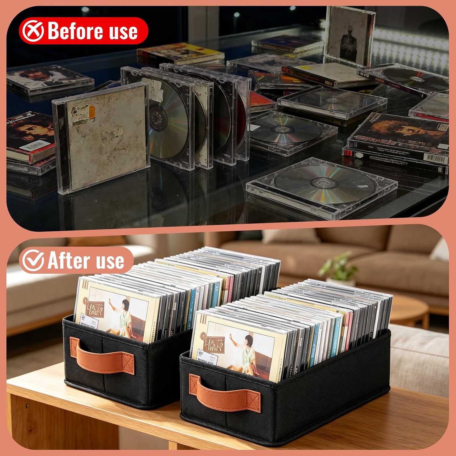 YEXEXINM 6 Pack CD Storage Boxes CD Case Holder with Handle, Fabric Foldable CD Organizers Holds Up to 120 Full Jewel Cases, Black