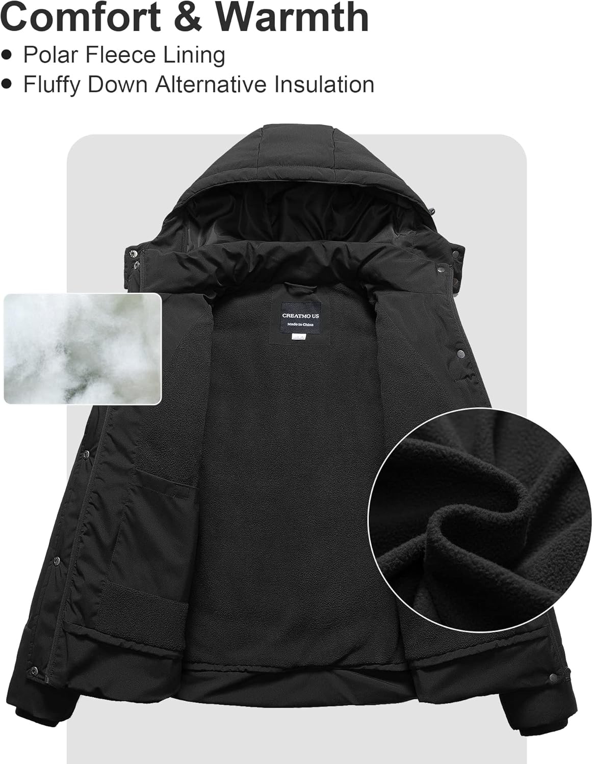 CREATMO US Women's Plus Size Warm Puffer Jacket Waterproof Fleece Lined Winter Coat with Removable Hood - Image 3