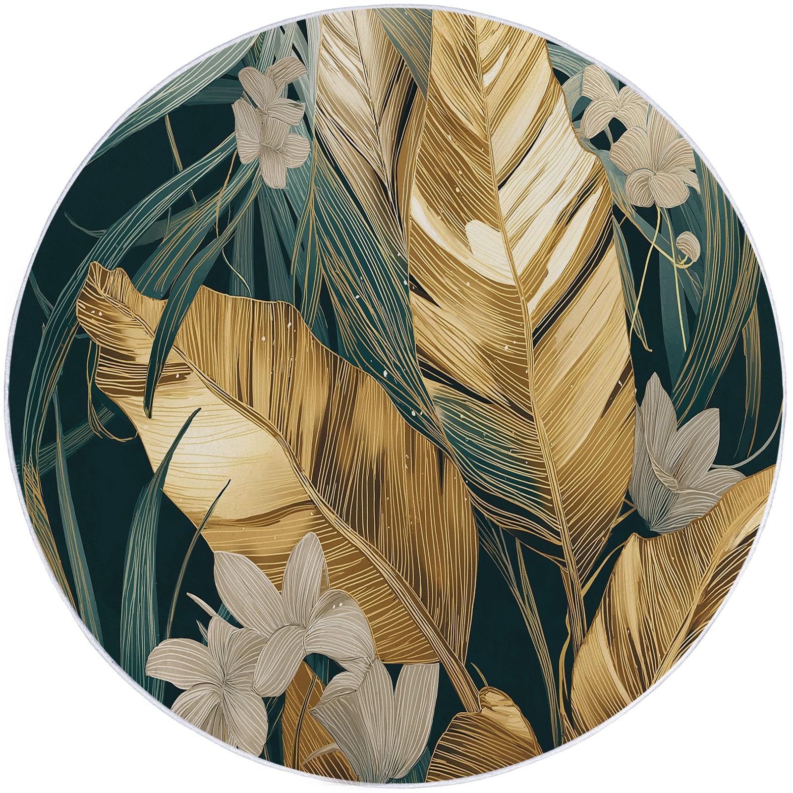 Générique Tapis Rond 160 cm Motif Feuilles de Bananier Dorées sur Fond Vert Foncé, Tropical Chic, Poil Court Antidérapant, Lavable, Idéal Salon, Salle à Manger, Chambre, Élégance et Confort