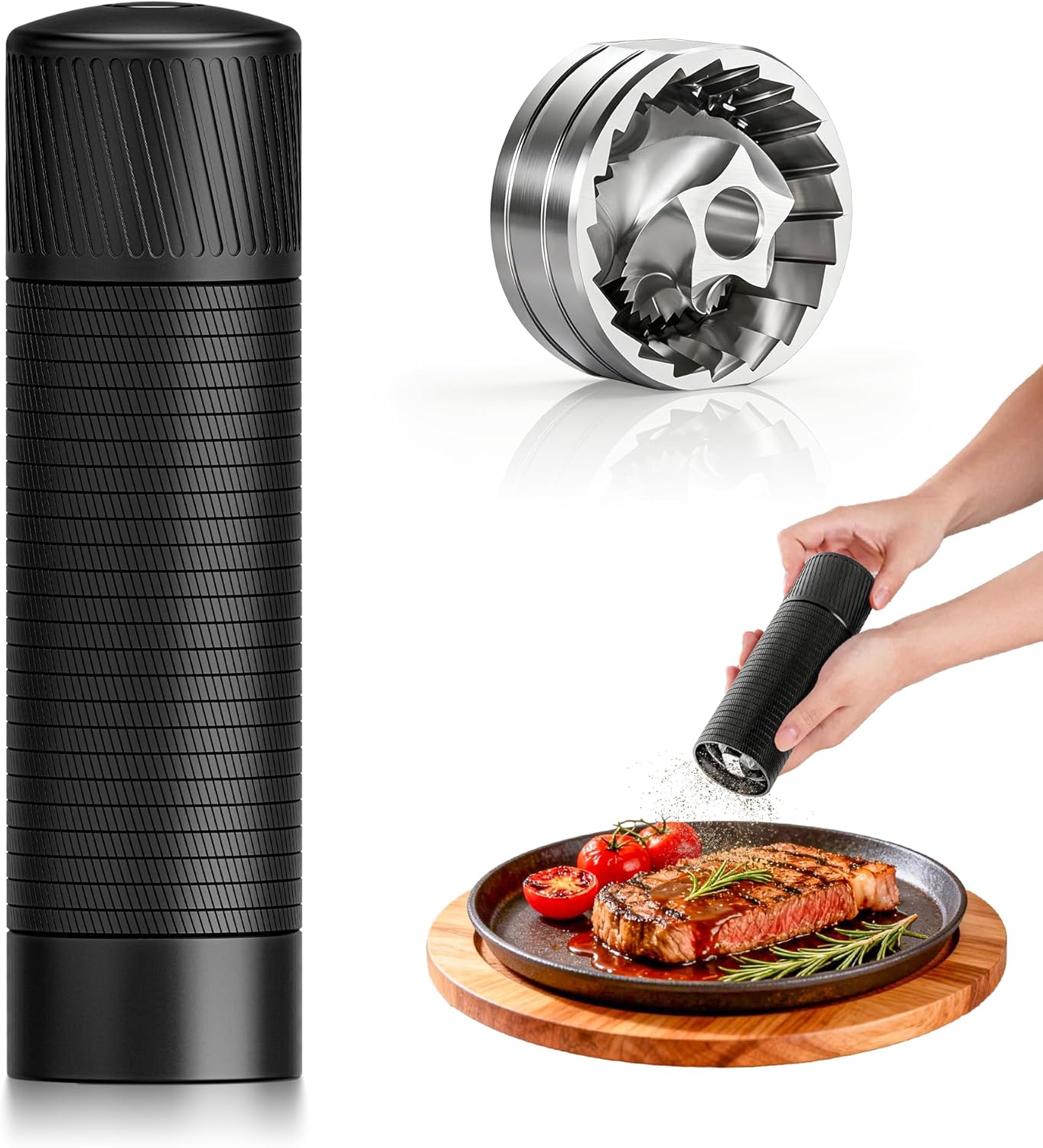 Pepper Grinder, Professional Grade Heavy Duty High Output Pepper Mill, with Textured Non-Slip Design, Manual Pepper Grinders, Metal, Stainless Steel, Aluminum, Adjustable, Refillable Pepper Mills