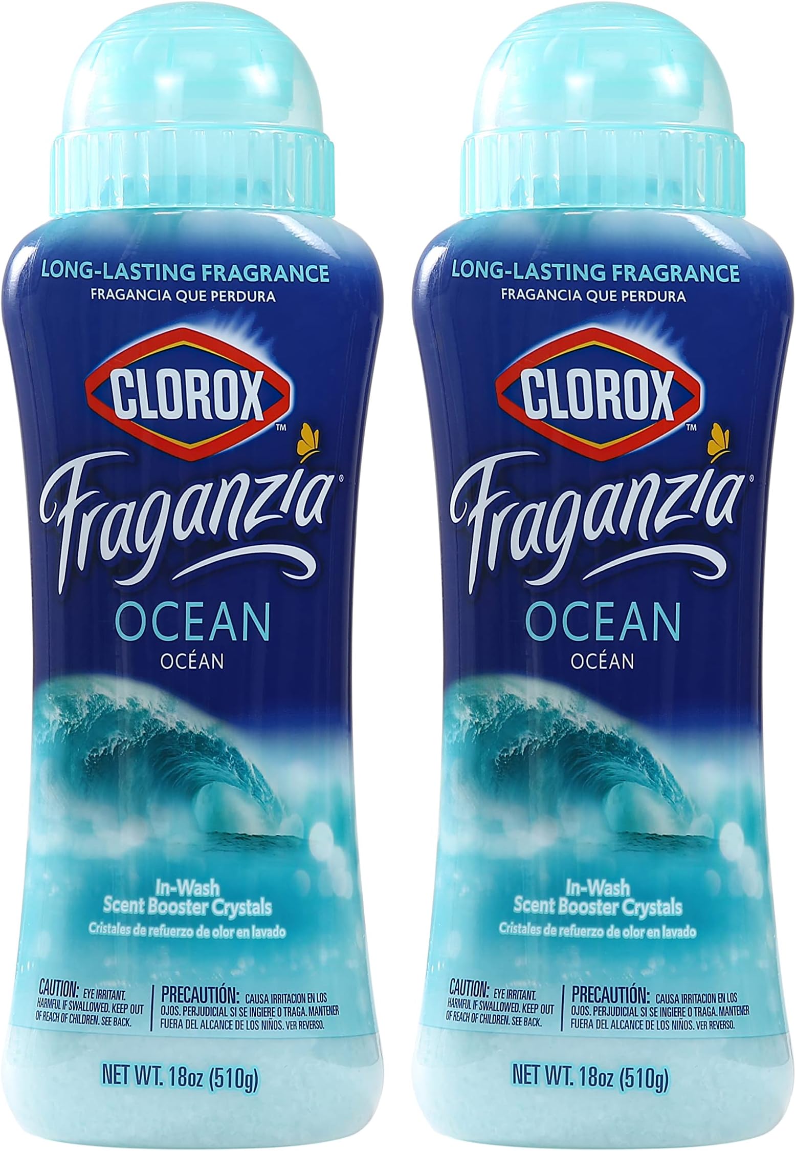 Clorox Fraganzia Laundry Scent Booster Crystals, In-Wash Fragrance Beads for Fresh-Smelling Clothes & Linens, Safe for All Fabrics & Colors, Easy-Pour Bottle, Ocean Scent, 18 Oz, 2 Pack