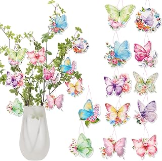 12pcs Spring Butterfly Ornaments for Tree Decor, Floral Butterflies Pendant Decorations for Spring Tree Birthday Wedding Baby Shower Easter Tea Party Decorations