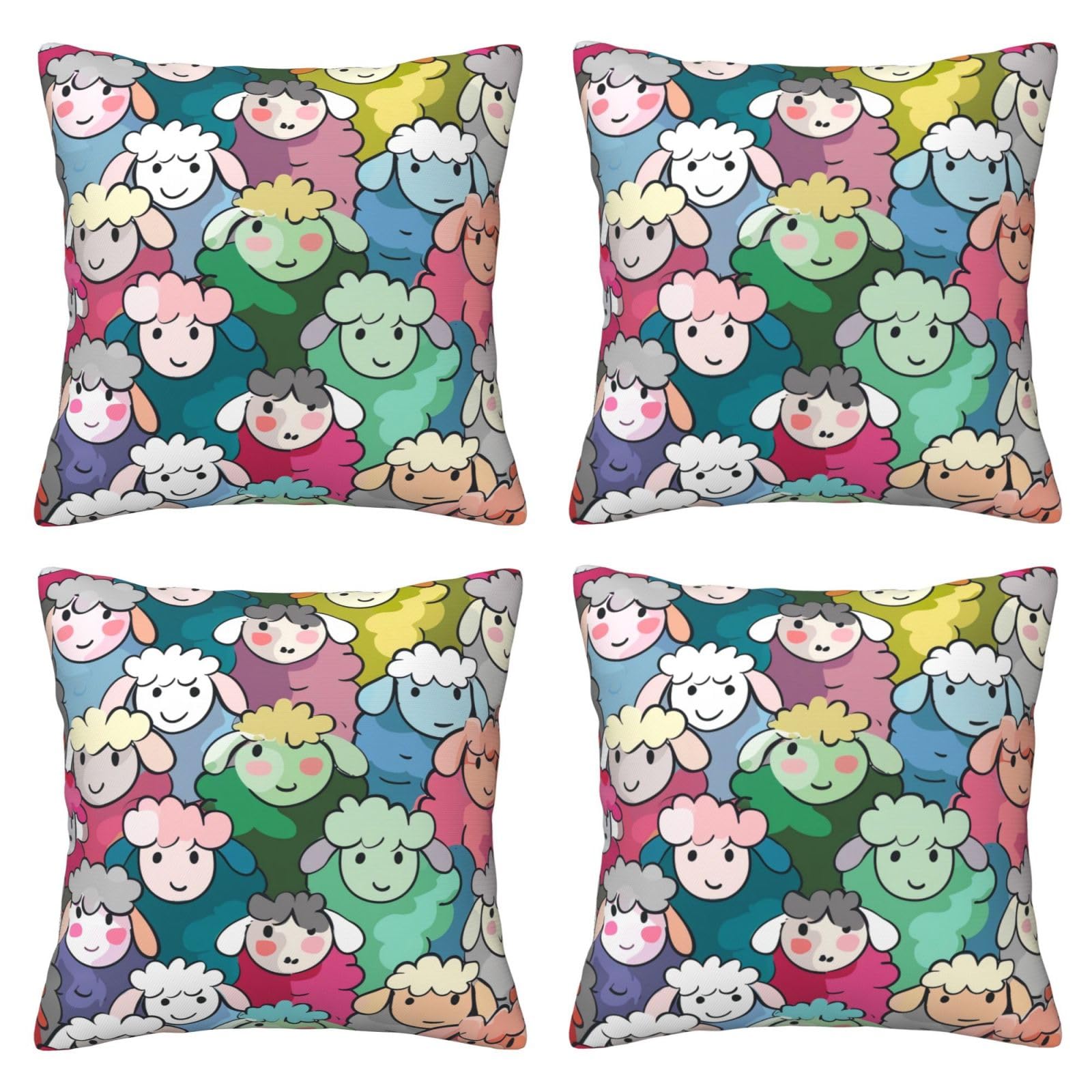Cute colorful sheep cartoon pattern Throw Pillow Cases 4 Pack Square Pillowcases Super Soft Pillow Protectors With Zipper for Couch Livingroom Sofa Bed Office Car,40x40 CM