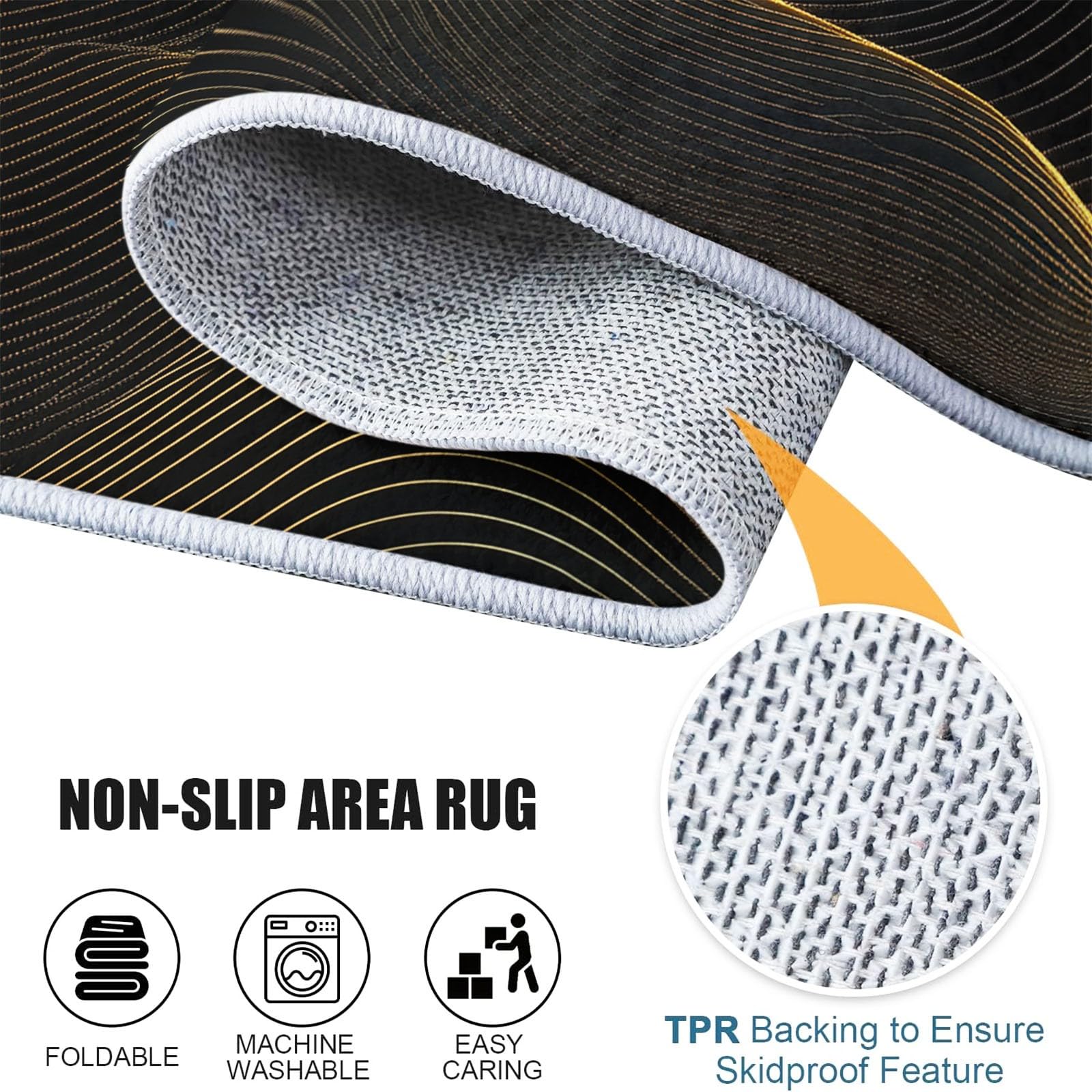Tapis Poils Courts Moderne 120x180cm Vagues Abstraites en Or Noir Tapis Salon Lavables Antidérapant Doux, Effet Impression 3D, pour Chambre Cuisine Salle à Manger Bureau