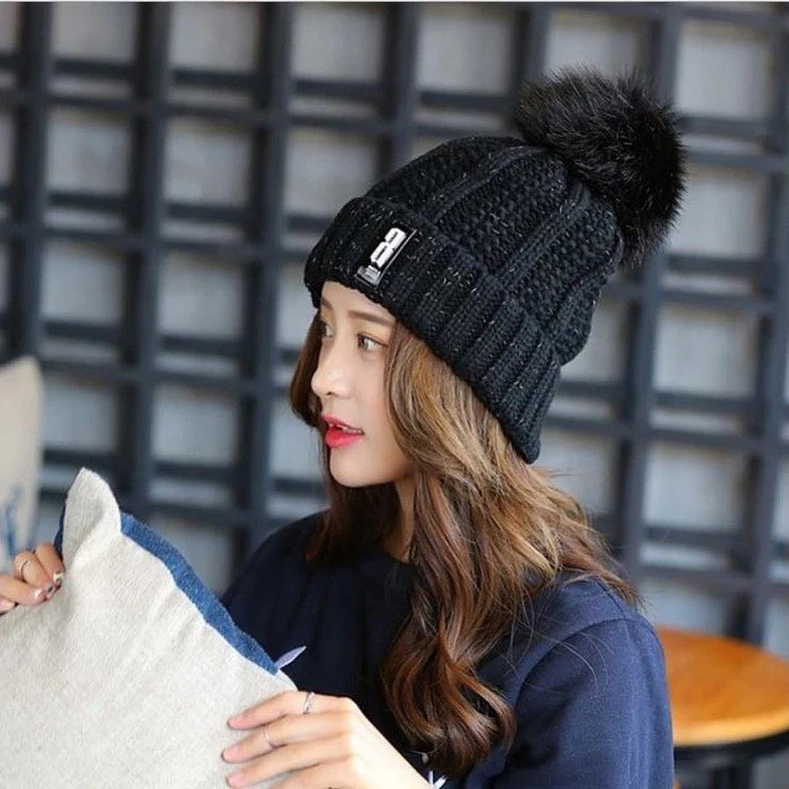 REFFER Latest Stylish Women's Girl's Winter Woolen Warm and Snow Proof Soft Beanie Cap and Scarf Set (Fur Inside) Women Winter caps (Black with Gloves) 2