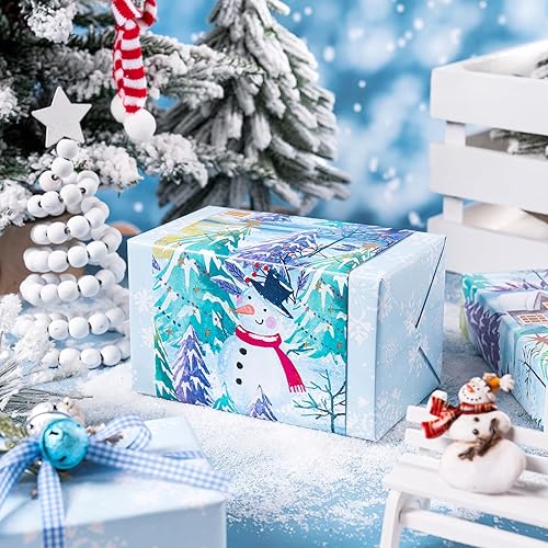 Vista 100 de WRAPAHOLIC Papel de regalo reversible de Navidad, mini rollo, 17 pulgadas x 33 pies, diseño de gnomo azul morado y cuadros con brillo metálico