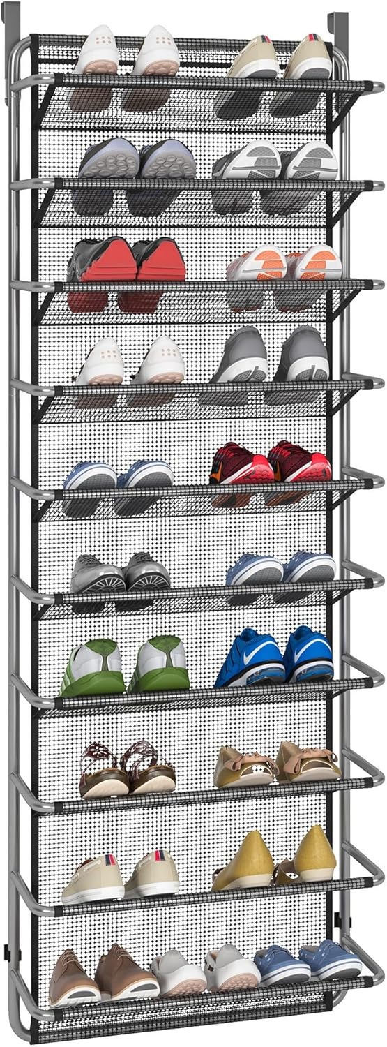 10 Tier Shoe Rack Over The Door Shoe Organizer Hanging Shoe Storage The Door Shoe Rack for Closet Pantry Wall Floating Shelves (10 Tier, Silver Grey)