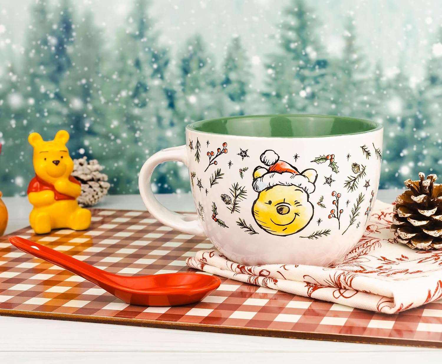 Disney Winnie the Pooh Holly Ceramic Soup Mug With Spoon and Handle For Ice Cream, Cereal, Beverages | Holds 24 Ounces