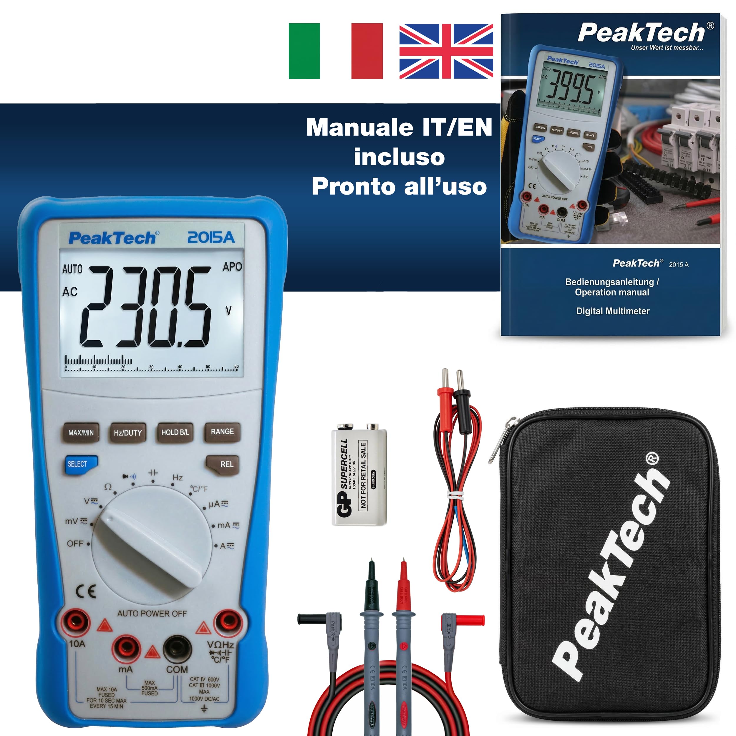 PeakTech® P 2015 A Multimetro digitale a vero valore efficace ~ 4.000 conteggi ~ 1000V AC/DC ~ 10A AC/DC ~ Auto-Range