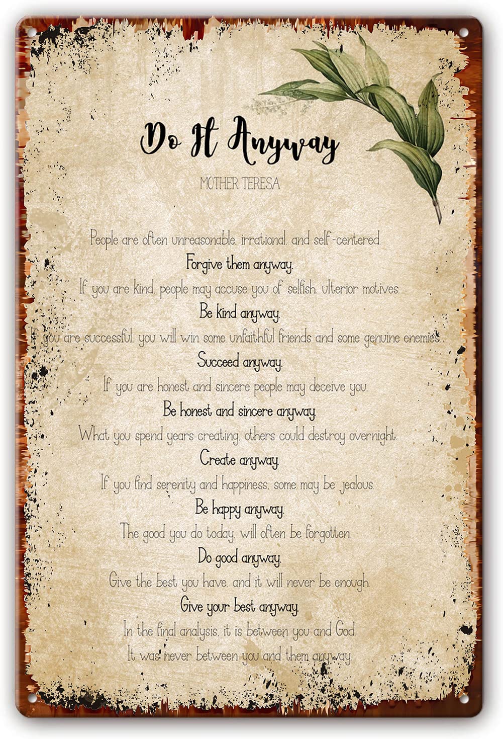 Do It Anyway Poem Metal Signs Wall Art Mother Teresa Quotes Wall Art Poetry Posters and Prints Paintings for Living Room Decoration for Bedroom Metal Plaque 8x12 Inch