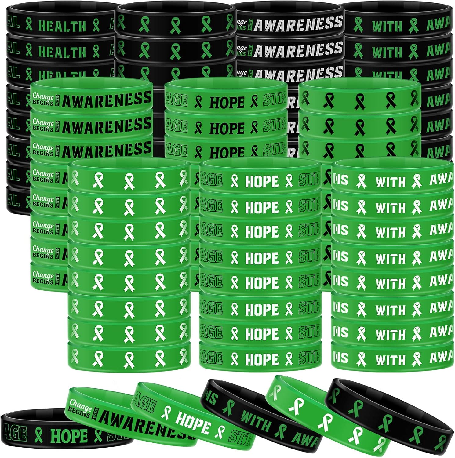 Sosation 200 Pcs Mental Health Awareness Bracelet Green Faith Courage Hope Strength Silicone Wristband Motivational Bracelets Gifts Items for Men Women