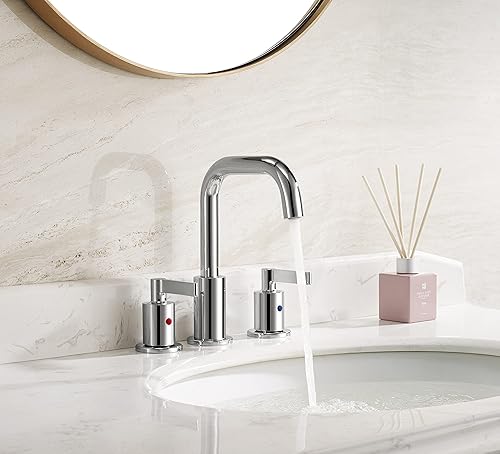 Miniatura 3 de TAF288S-CP - Grifo de lavabo de baño cromado de 8 pulgadas, 3 agujeros con ensamblaje de drenaje, grifo moderno de dos manijas de arco alto con