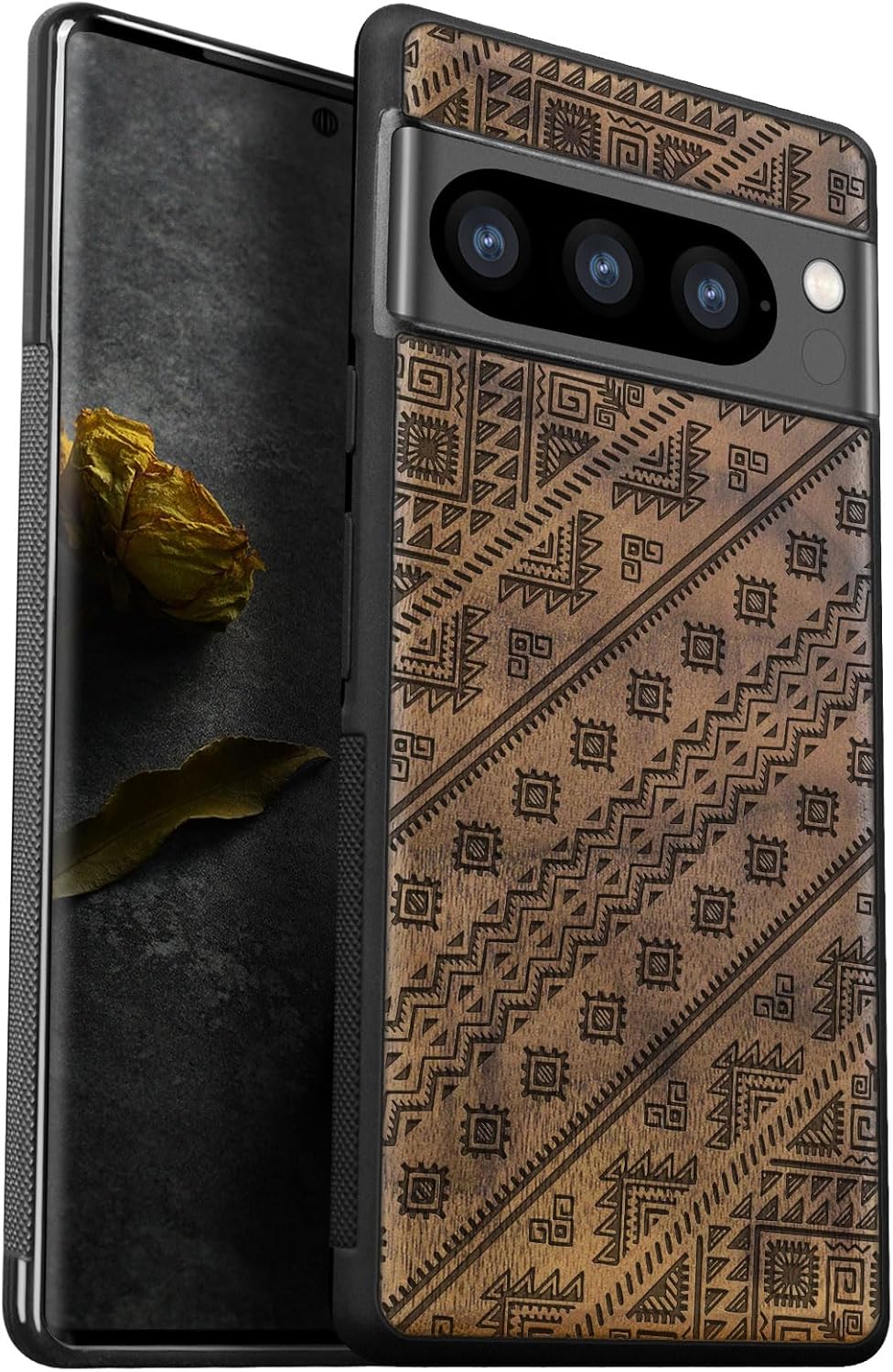 Carveit Wood Case for Pixel 8 Pro Case [Natural Wood & Black Soft TPU] Shockproof Protective Unique Wooden Cover Compatible with Google Pixel 8 Pro (Aztec Geometric Harmony-Walnut)