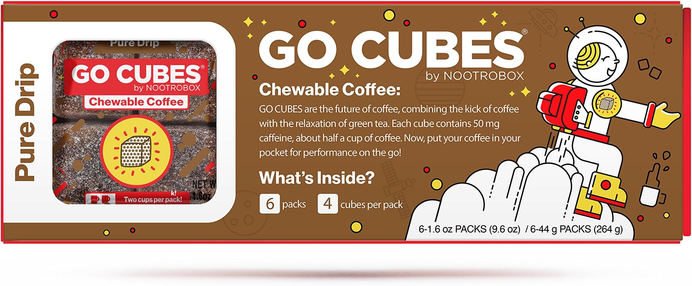 GO CUBES Energy Chews, Pure Drip Coffee Flavored, 4Count energy chews (6 Pack)