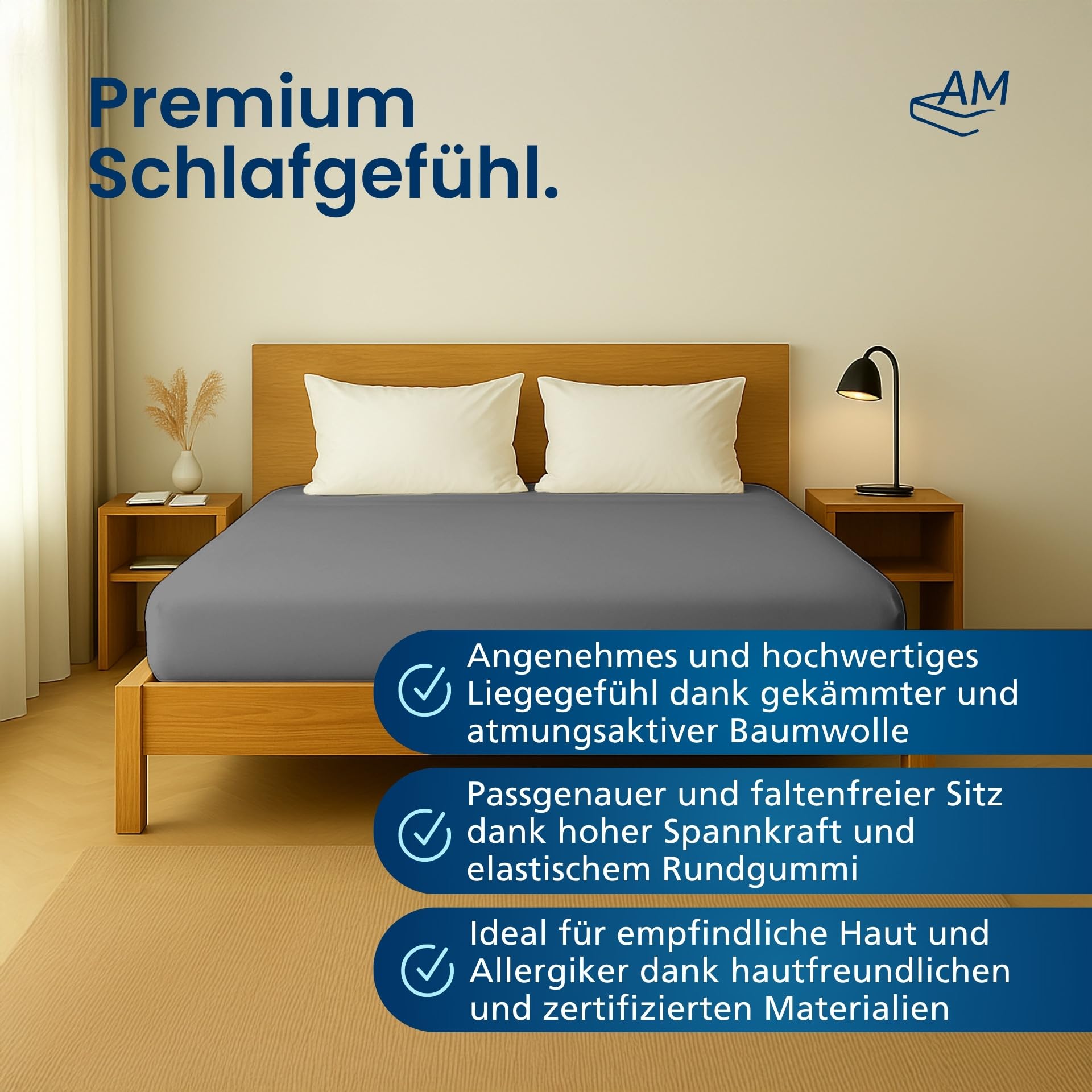 AM Qualitätsmatratzen Premium Spannbettlaken 140x200cm Baumwolle (200gsm) in Anthrazit - Made in Germany - Oeko TEX zertifiziertes Bettlaken 140x200 Baumwolle - Jersey Spannbetttuch - Fitted Sheets