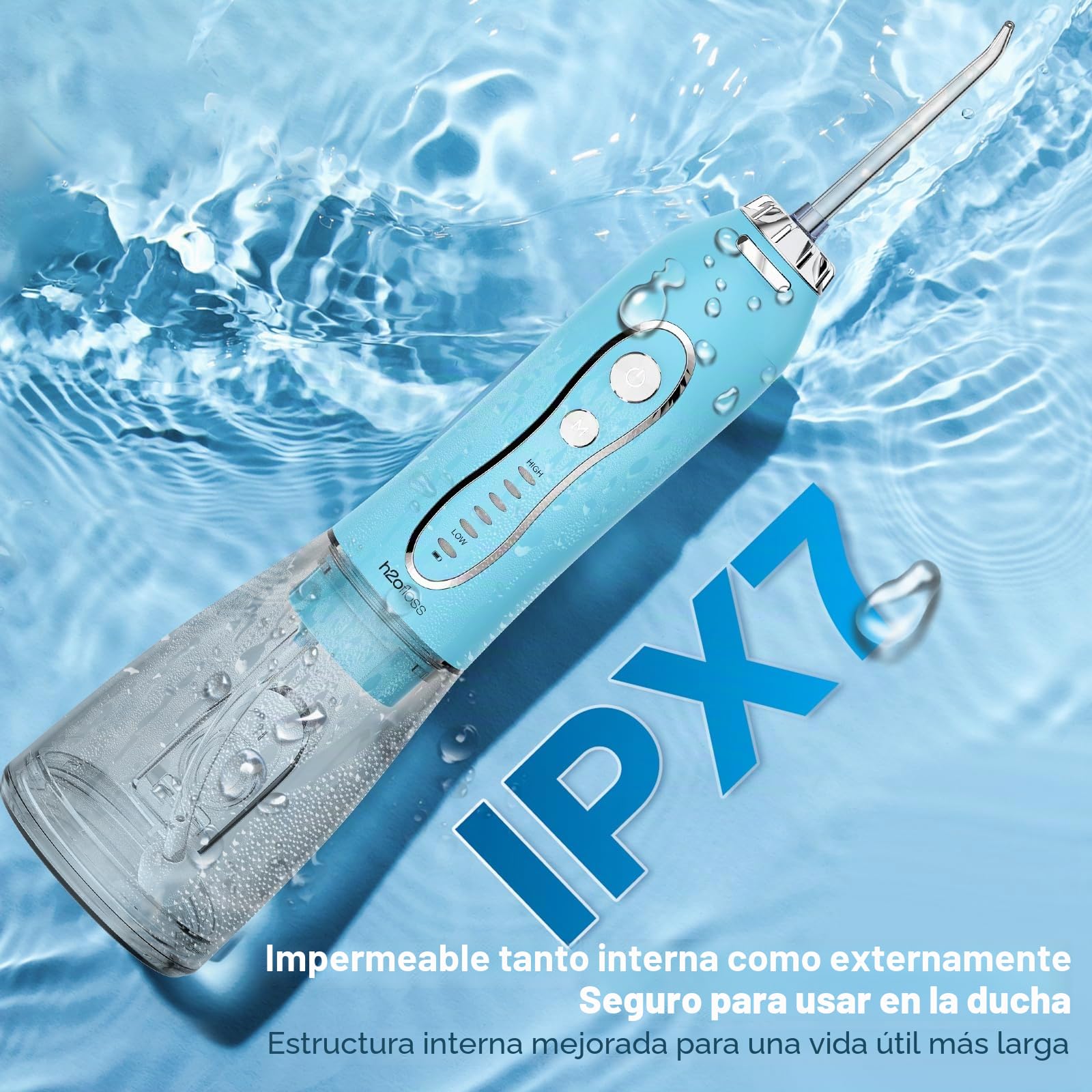H2ofloss Irrigador dental de agua portátil inalámbrico, 5 modos IPX7 impermeable, irrigador bucal recargable de 300 ml para limpieza de dientes, azul cielo