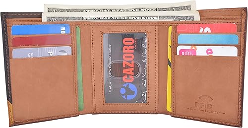 Miniatura 2 de CAZORO Billeteras de cuero real para hombres con bloqueo RFID, billetera delgada y triple plegable con ranuras para tarjetas y ventana para