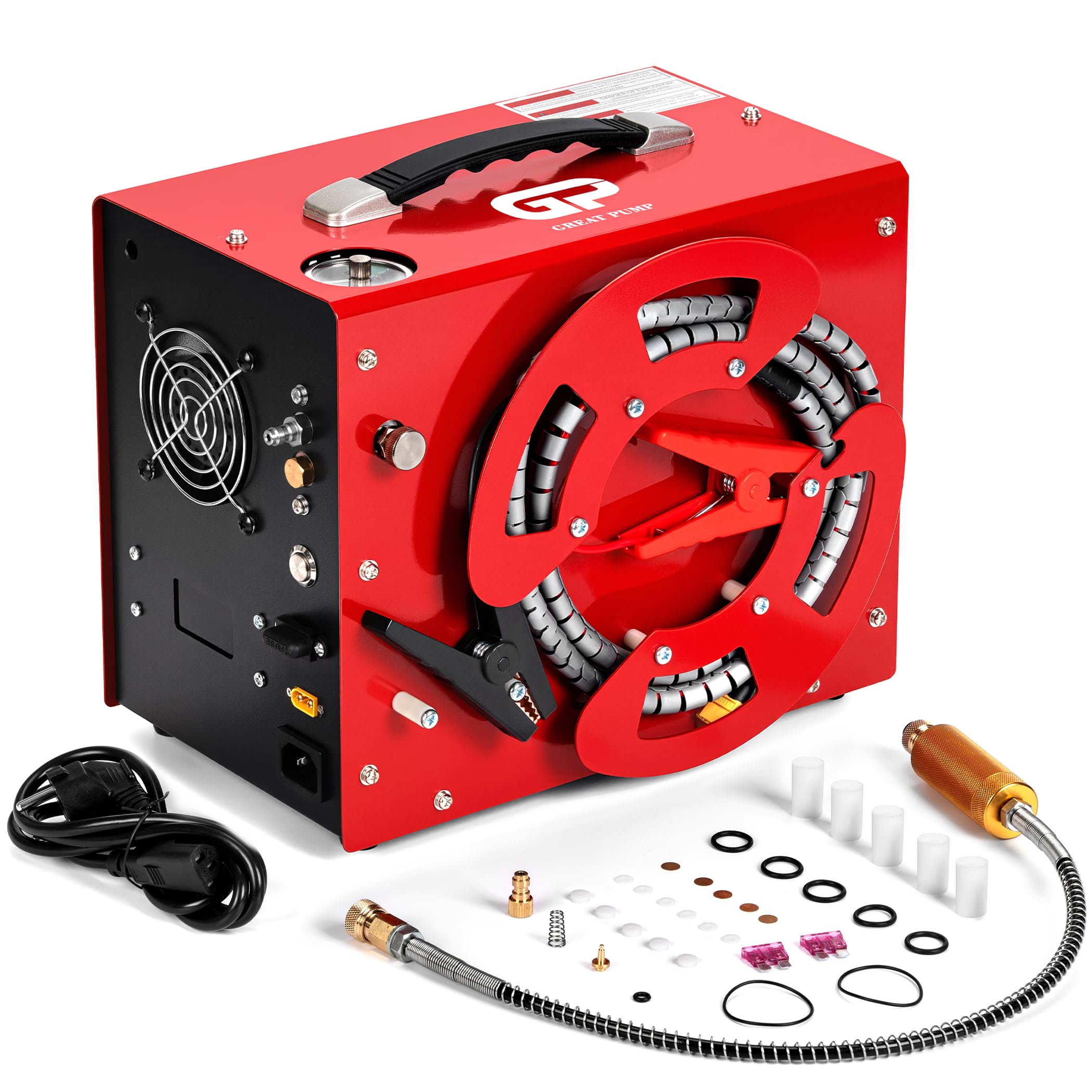 TUXING 4500Psi 300Bar Pcp Air Compressor, 350W Motor, Unique Vertical+Wire Spool Portable Design, Auto-Stop, Oil/Water-Free, for Paintball/PCP Air Rifle/Tank, 220V AC or 12V Car Battery