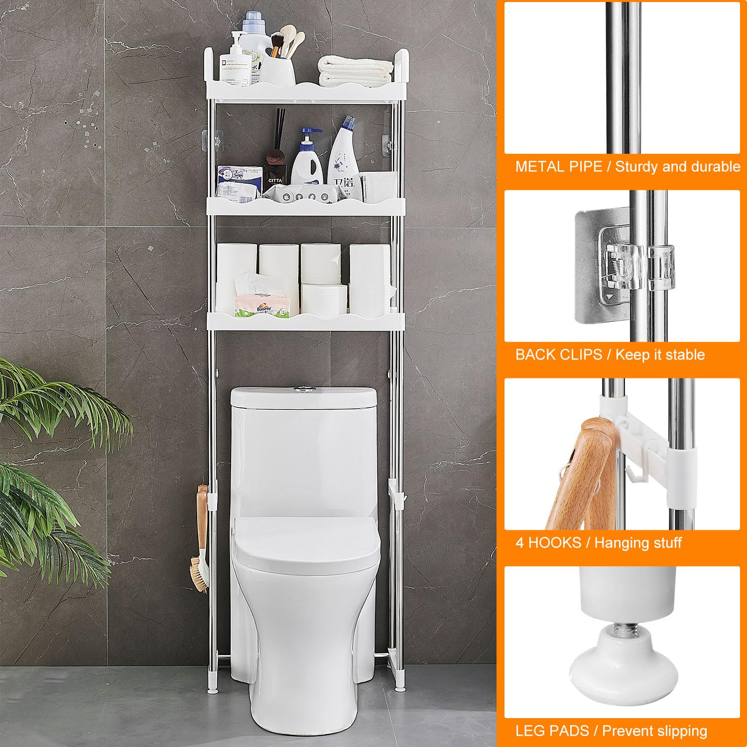 Toilettenregal, 3-stufiges Aufbewahrung über der Toilette, Freistehendes Waschmaschinenregal aus Metall, Platzsparendes WC Regal Toilettenschrank für Bad, Toilette, Waschküche, Weiß