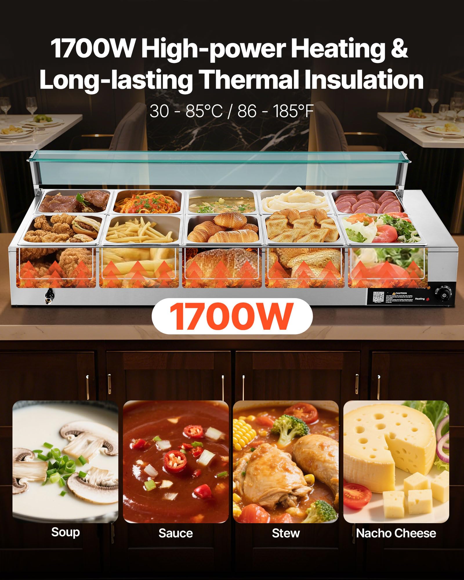 VEVOR Scaldavivande Commerciale, Scaldavivande Elettrico in Acciaio Inox da 1700 W con Coperchio in Vetro, Bagnomaria da Banco a 10 Teglie, con Mestoli per Zuppa e Forati, per Ristoranti