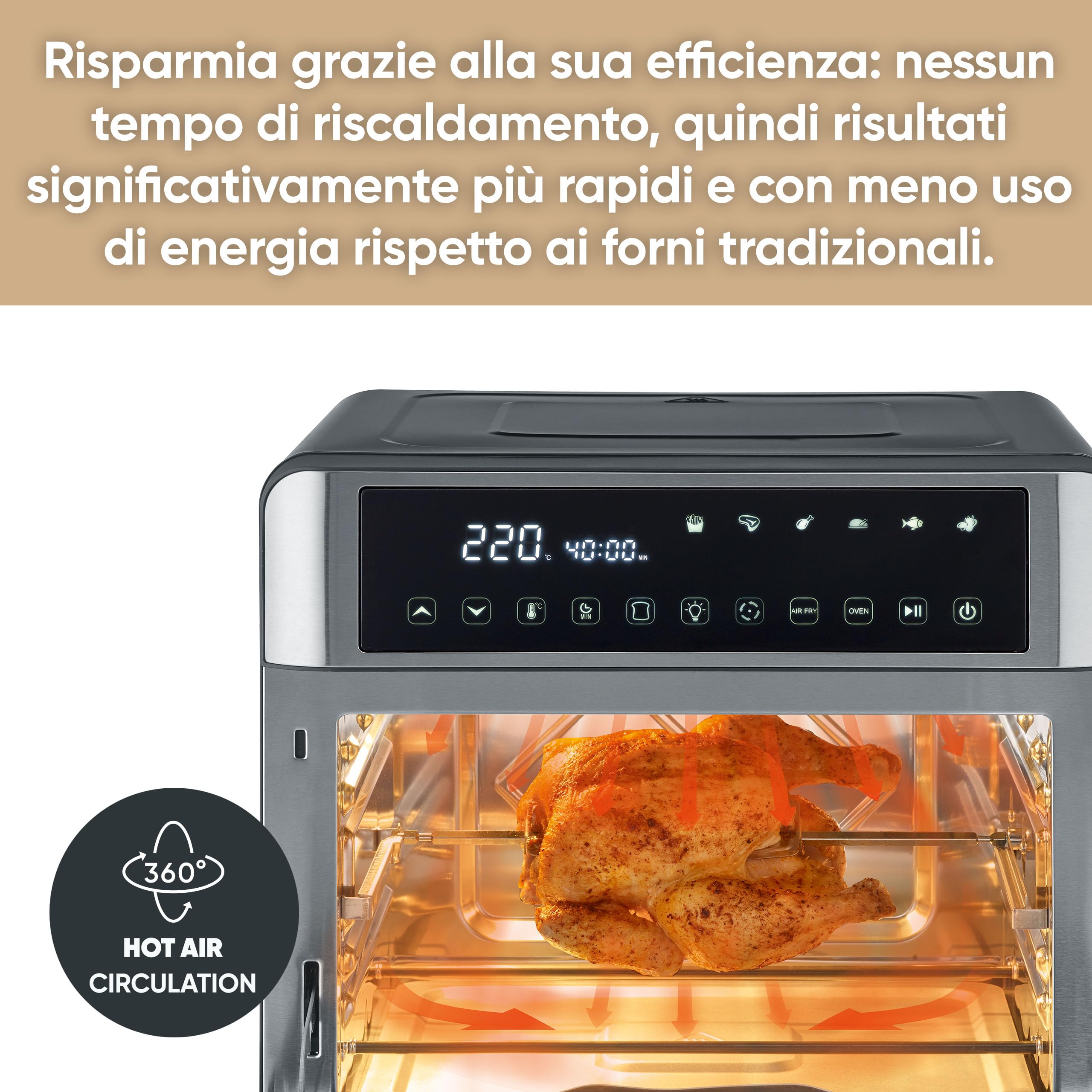 SEVERIN Forno Elettrico e Friggitrice ad Aria, 2200W, 25 Litri, 12 Programmi, Display Touch, No Pre-riscaldamento, Accessori Girarrosto, 41,0 x 45,0 x 37,0 cm, Nero/Inox - TO 9579