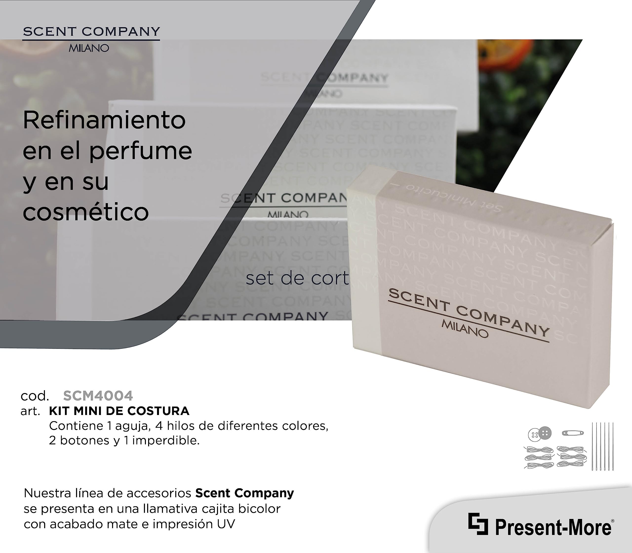 Present-More Kit costura Scent Company Milano - Kit de costura 250 unidades para Hoteles y B&B | Kit de costura embolsado individualmente y envasado en cajita reciclable