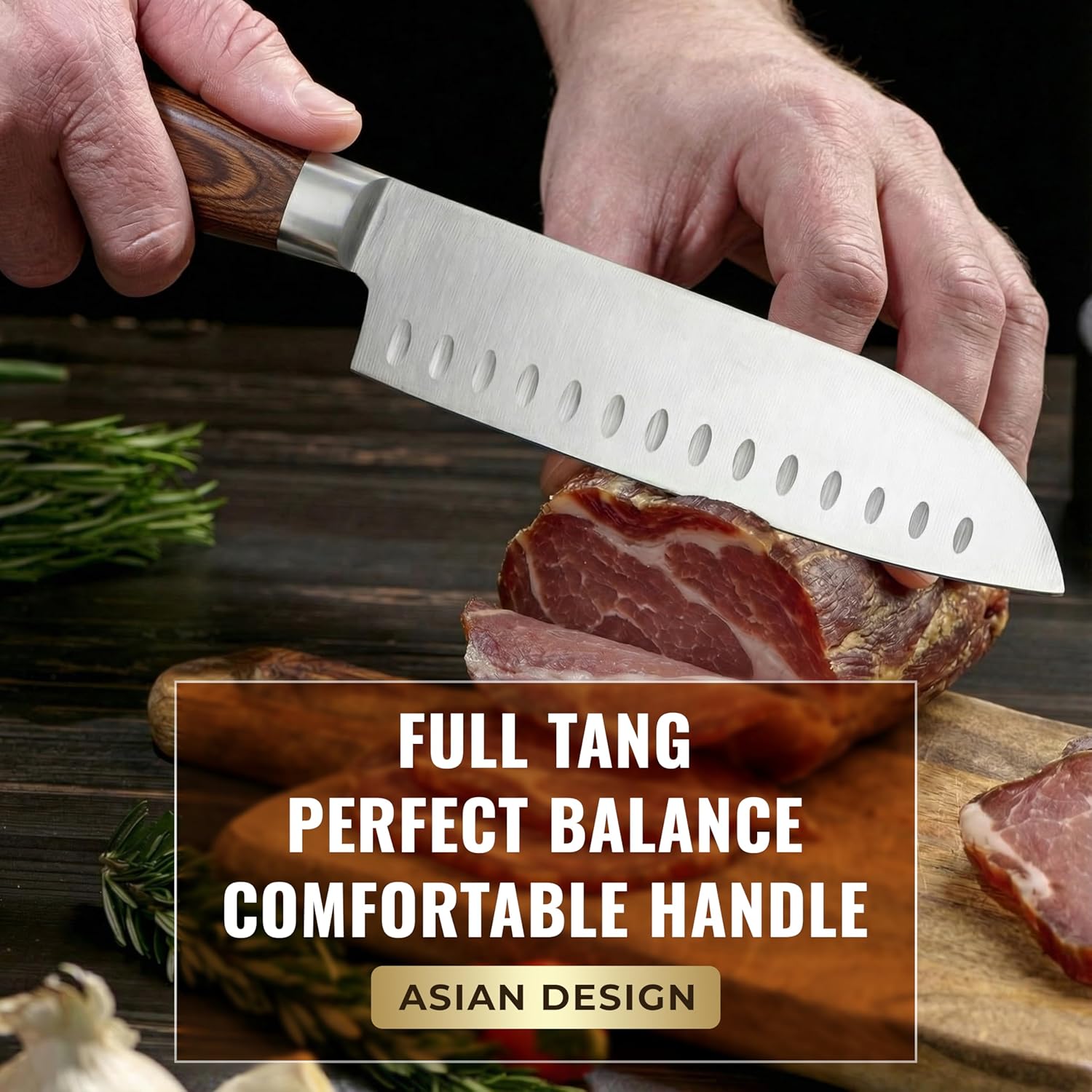 Santoku Knife – Ultra Sharp 7 Inch Meat and Vegetable Japanese Knife for Chopping, High Carbon Stainless Steel Blade, Full Tang Pakkawood Handle – Shinobi Series - Image 3