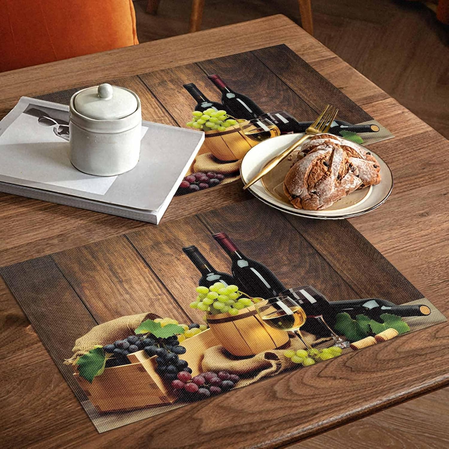 13X19 Inch Farmhouse Placemats Set of 6 PCS, Heat-Resistant Non-Slip PVC Dinning Table Mats Kitchen Table Mats, Retro Style Wine Barrel Grape Fruit Red Wine Glass Vinyl Placemats for Kids Party Decor