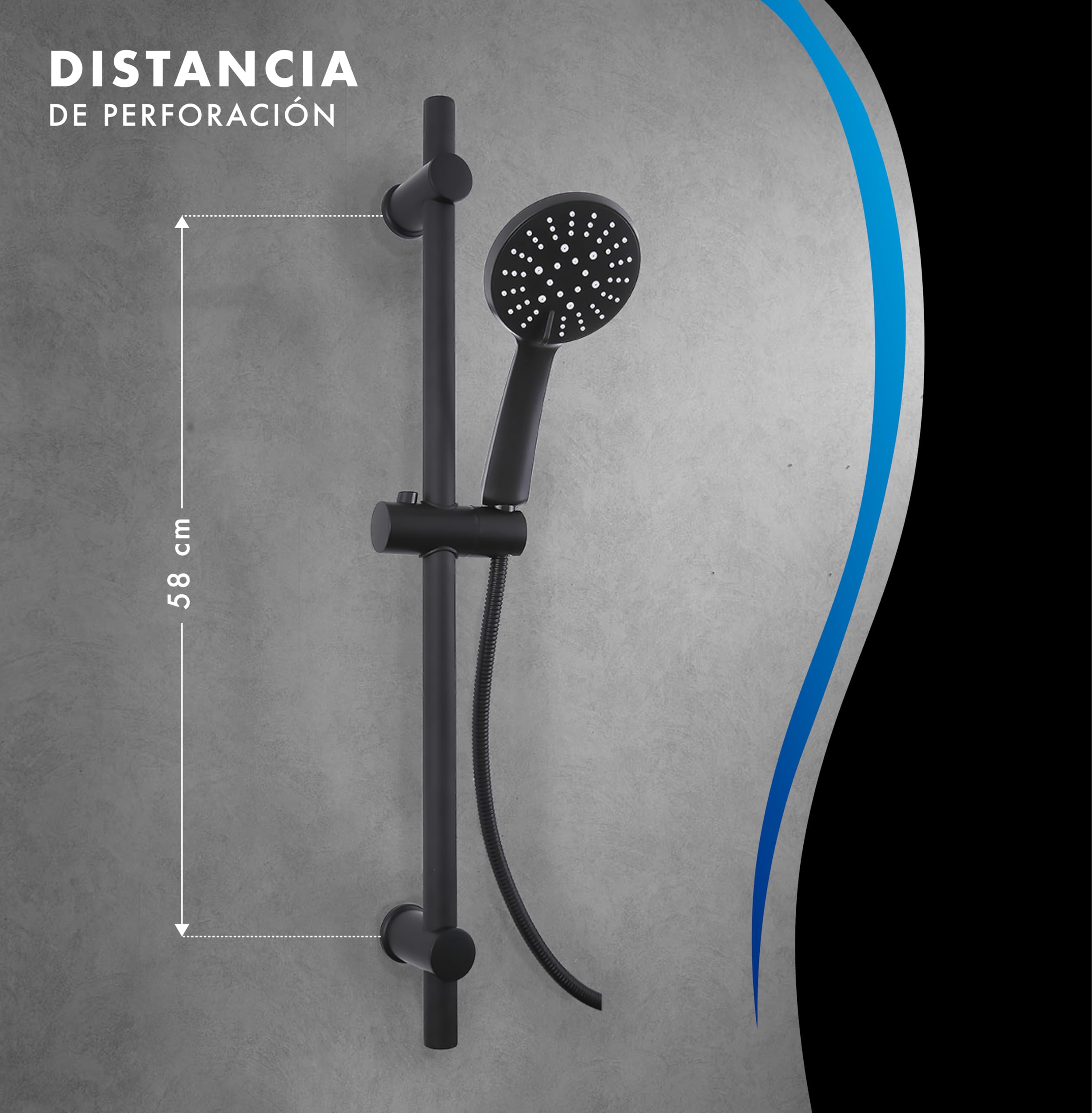 Barra de Ducha Regulable negro mate 70 cm – Conjunto de Ducha en Acero Inoxidable con Alcachofa de Mano 5 Funciones, Manguera Flexible 1,75 m y Soporte Ajustable