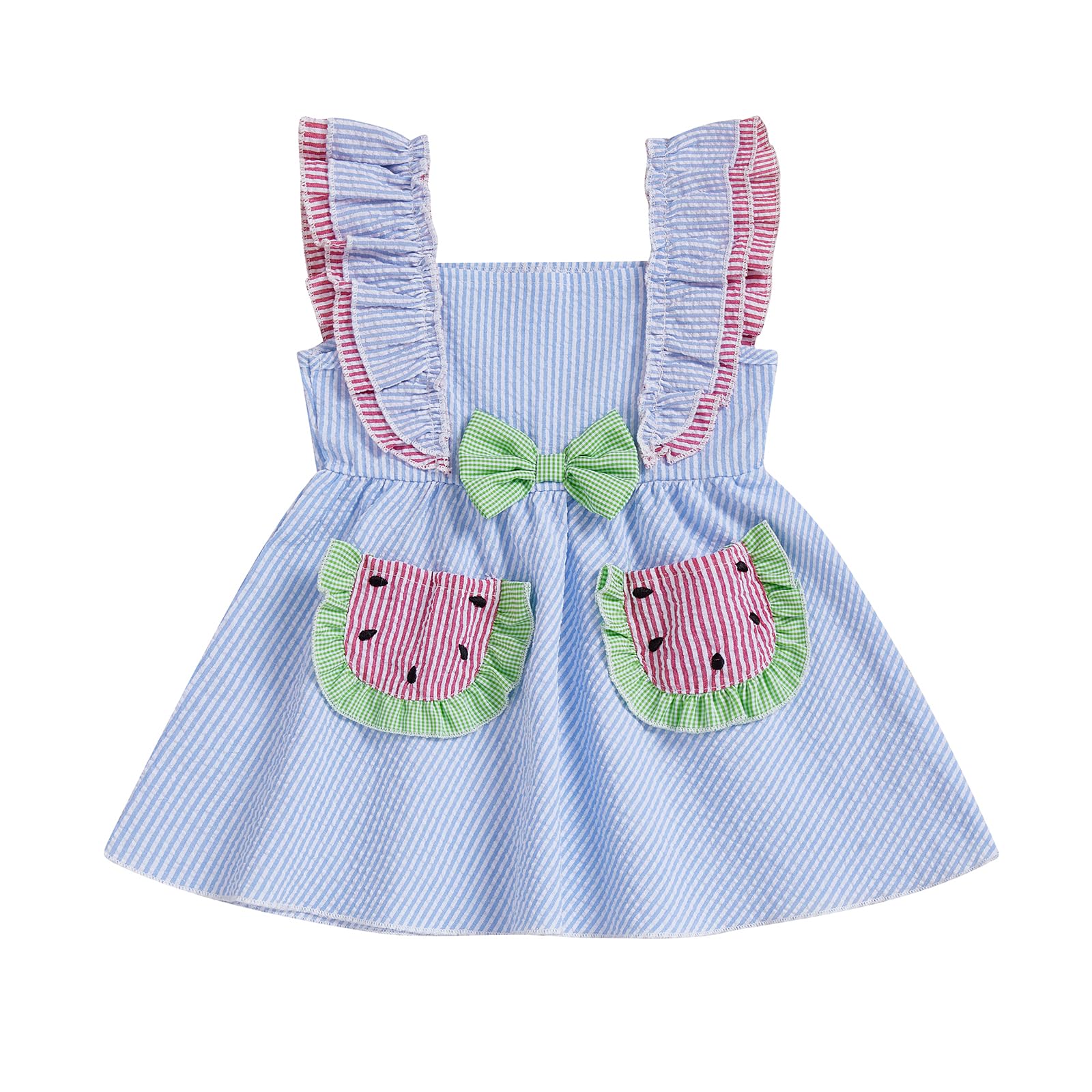 Summer Dress Toddler Baby Girl Outfit Bow Smocked Dresses Ruffle Sleeveless Watermelon Striped Sundress (Blue, 12-18 Months)