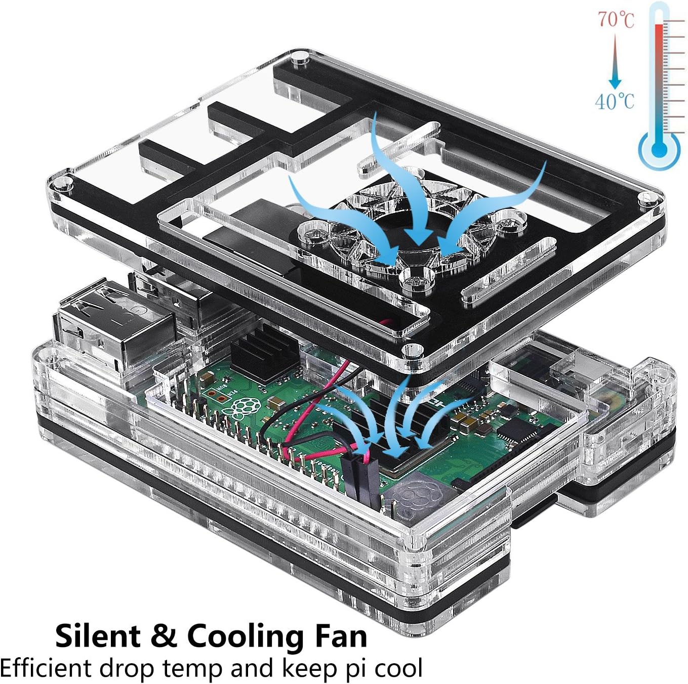 Smraza Raspberry Pi 3 B+ Case with Fan, 3 Pcs Heatsinks, 2.5A Power Supply for Raspberry Pi 3 Model B+, Compatible with Raspberry Pi 3 Model B, Raspberry Pi 2 Model B