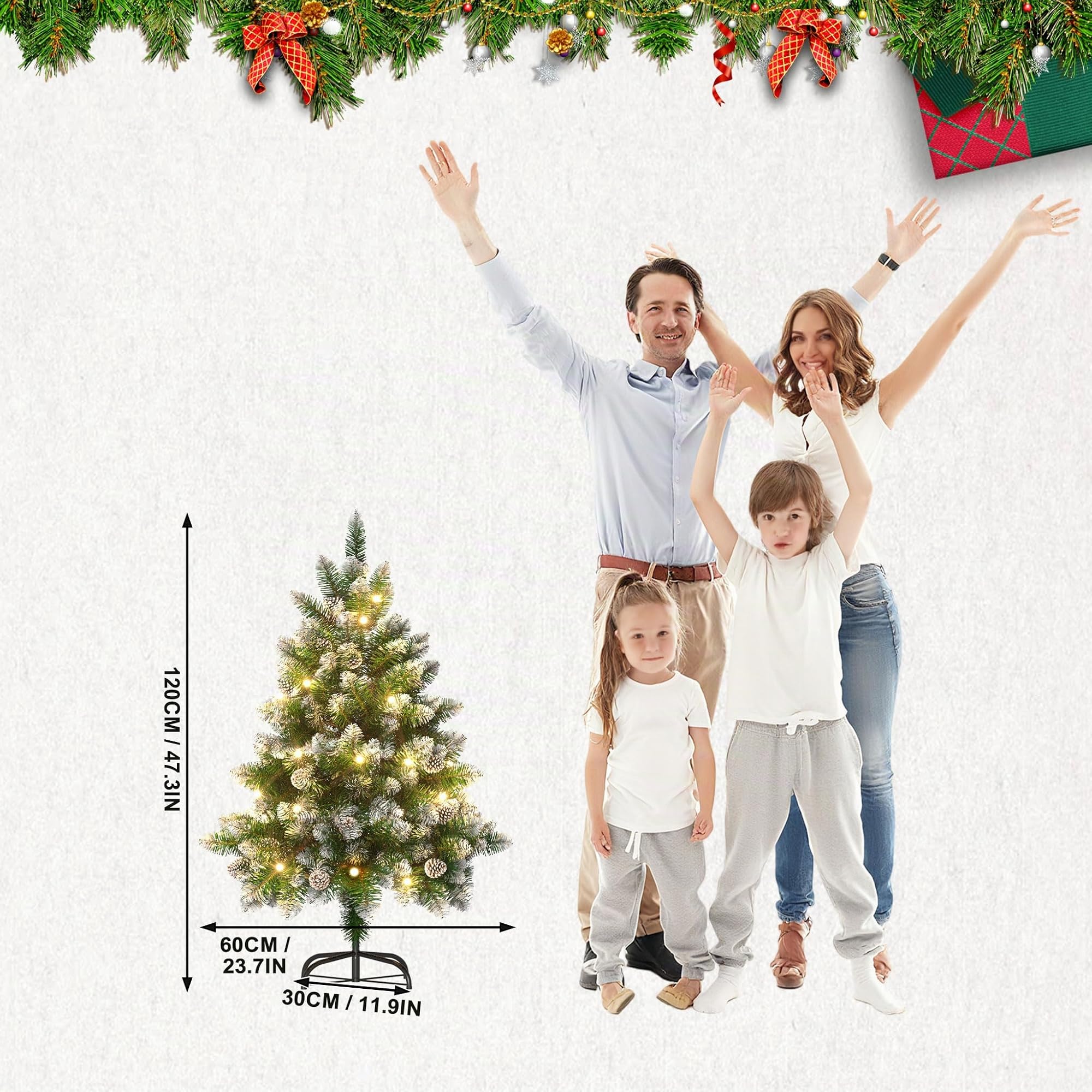 UISEBRT 120cm Sapin de Noël Artificiel Lumineux - Arbre de Noël avec LED, Support en Métal, Sapin Artificiel en PVC avec Effet Neige et Pommes de Pin, pour Décoration de Noël, Vert