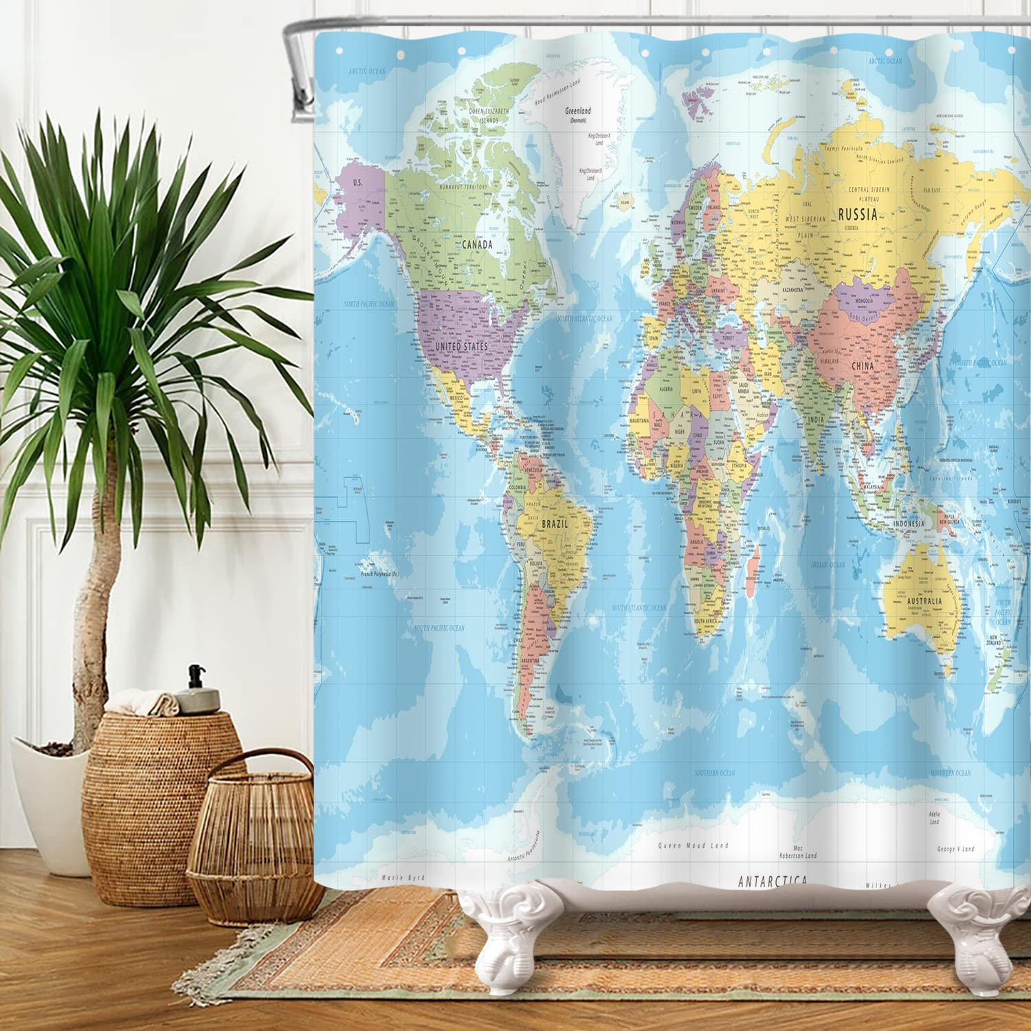 180x198cm Mondo Carta geografica Tenda da doccia Paesi e Città Geografia Educativo Tenda da bagno per bambini Blu Oceano Continenti Tenda da doccia Tessuto Impermeabile per Bagno con ganci