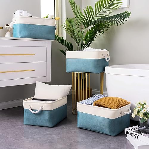 Vista 76 de Caja de almacenamiento para estantes, paquete de 6 canastas pequeñas de tela para organizar, cubos de almacenamiento plegables con asas para Blanco