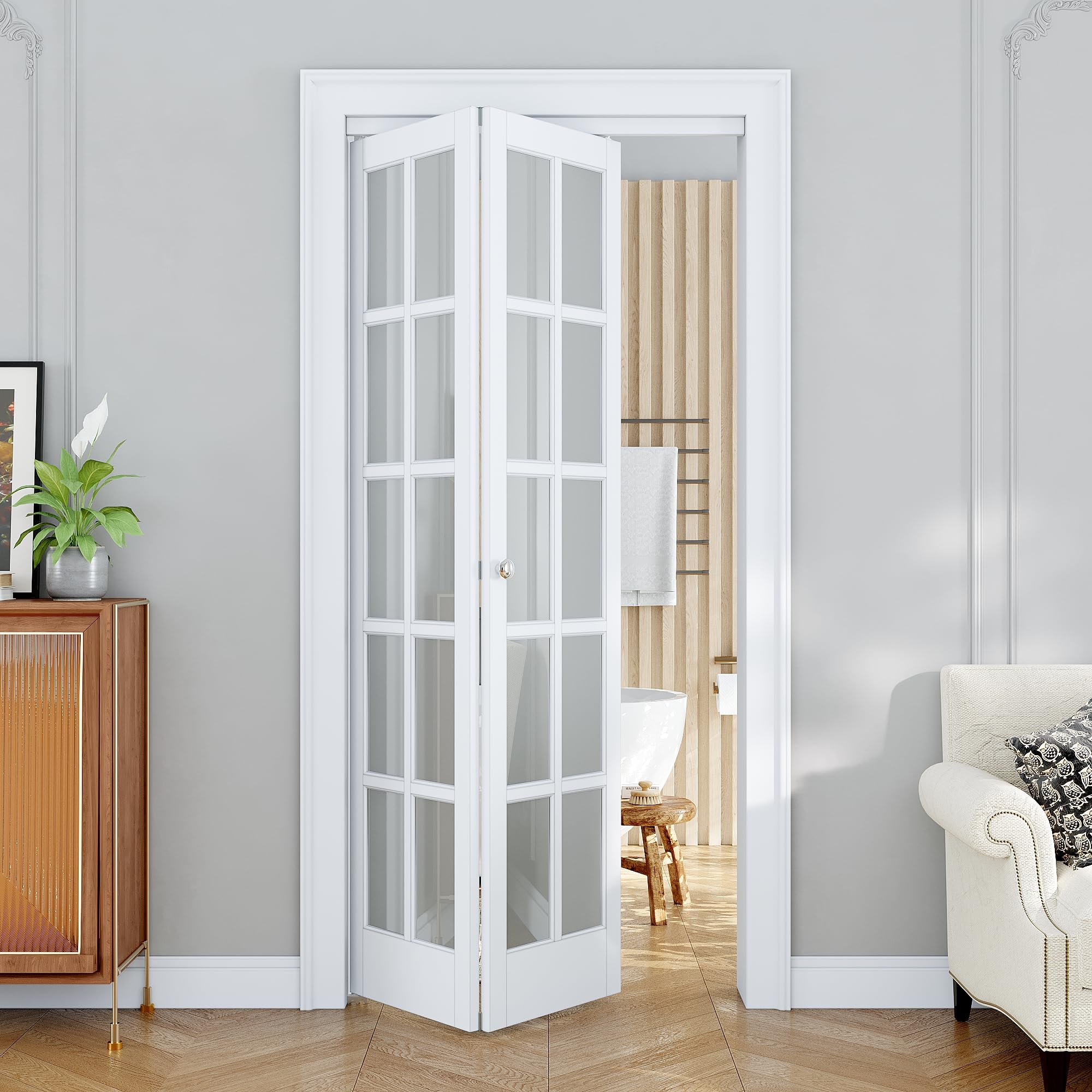 Bifold Doors for 36" x 80" Opening, Glass Bifold Barn Door Panels with Concealed Hardware Kit, French Interior Folding Closet Doors for Pantry/Laundry/Bedroom/Bathroom, Preassemble Easy to Install