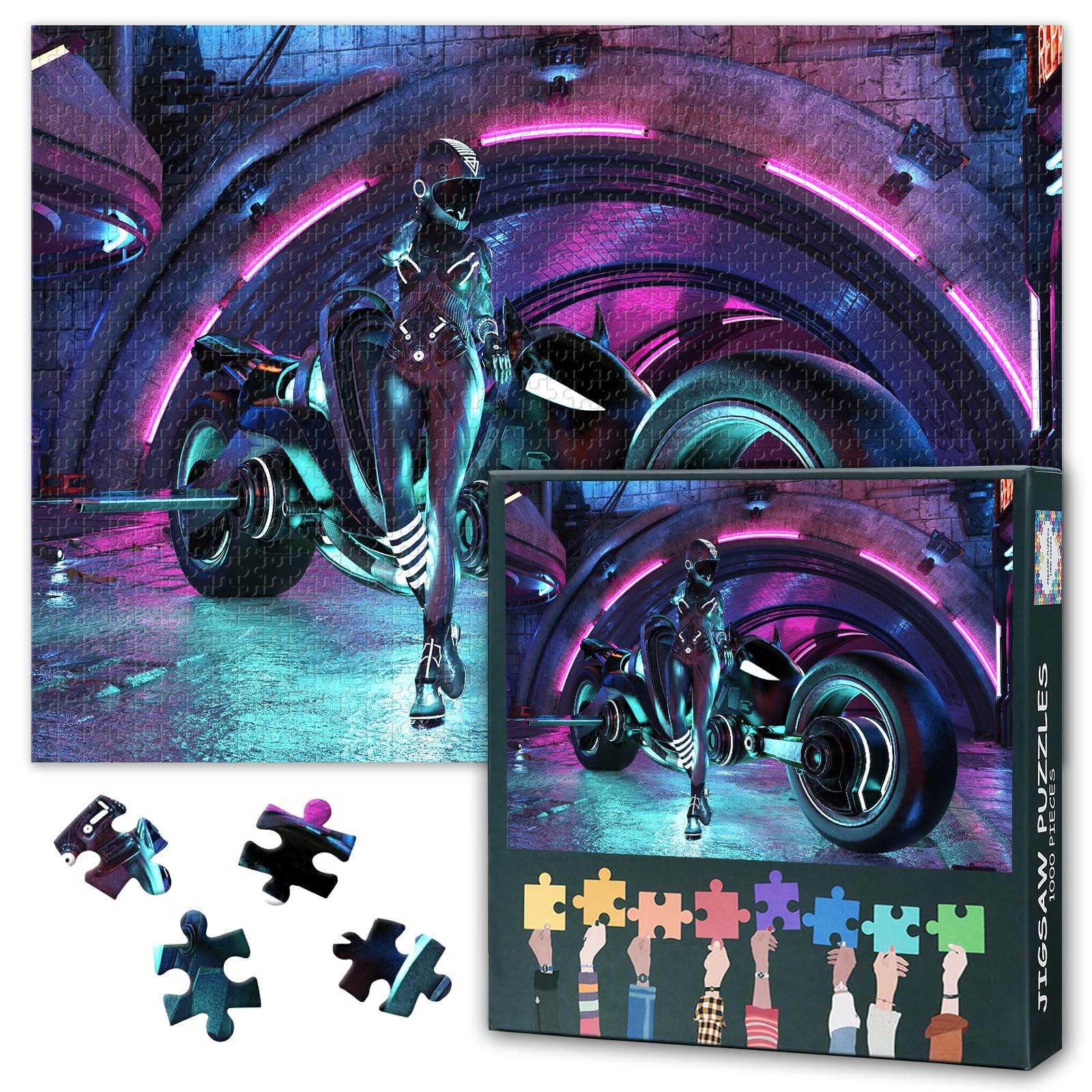 Cyberpunk Jigsaw Puzzles for Adults 1000 Pieces, Girl in a Futuristic Suit with Neon Lights Next to a Motorcycle 1000 Piece Jigsaw Puzzle, for Adults, 19.5 x 27.5 Inch โ image 1