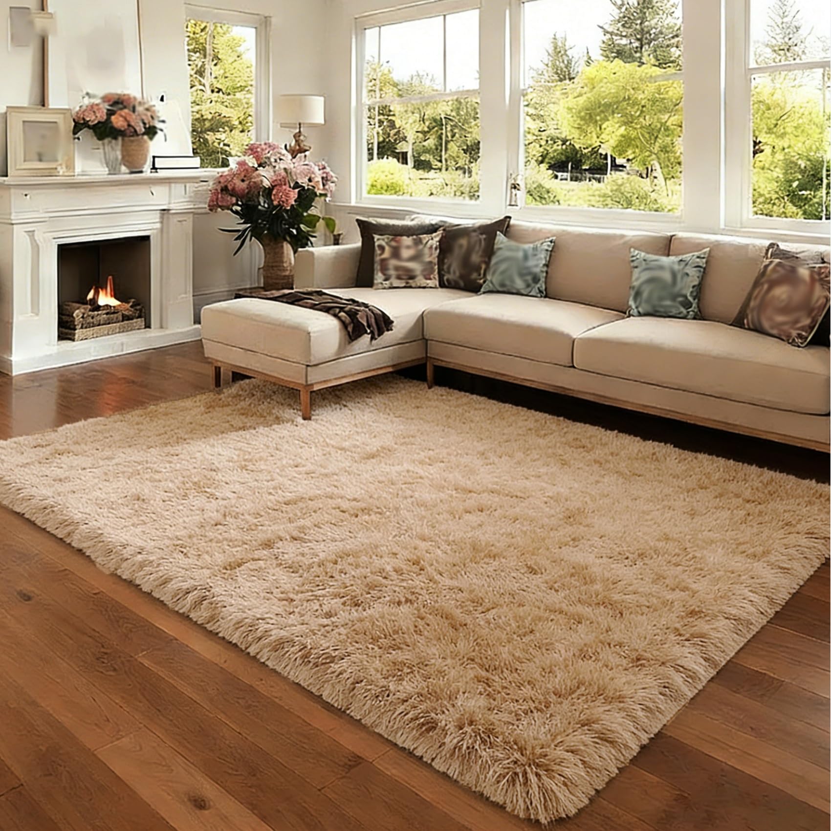 Tapis beige 125x280 cm rectangulaire shaggy moelleux et lavable pour la chambre
