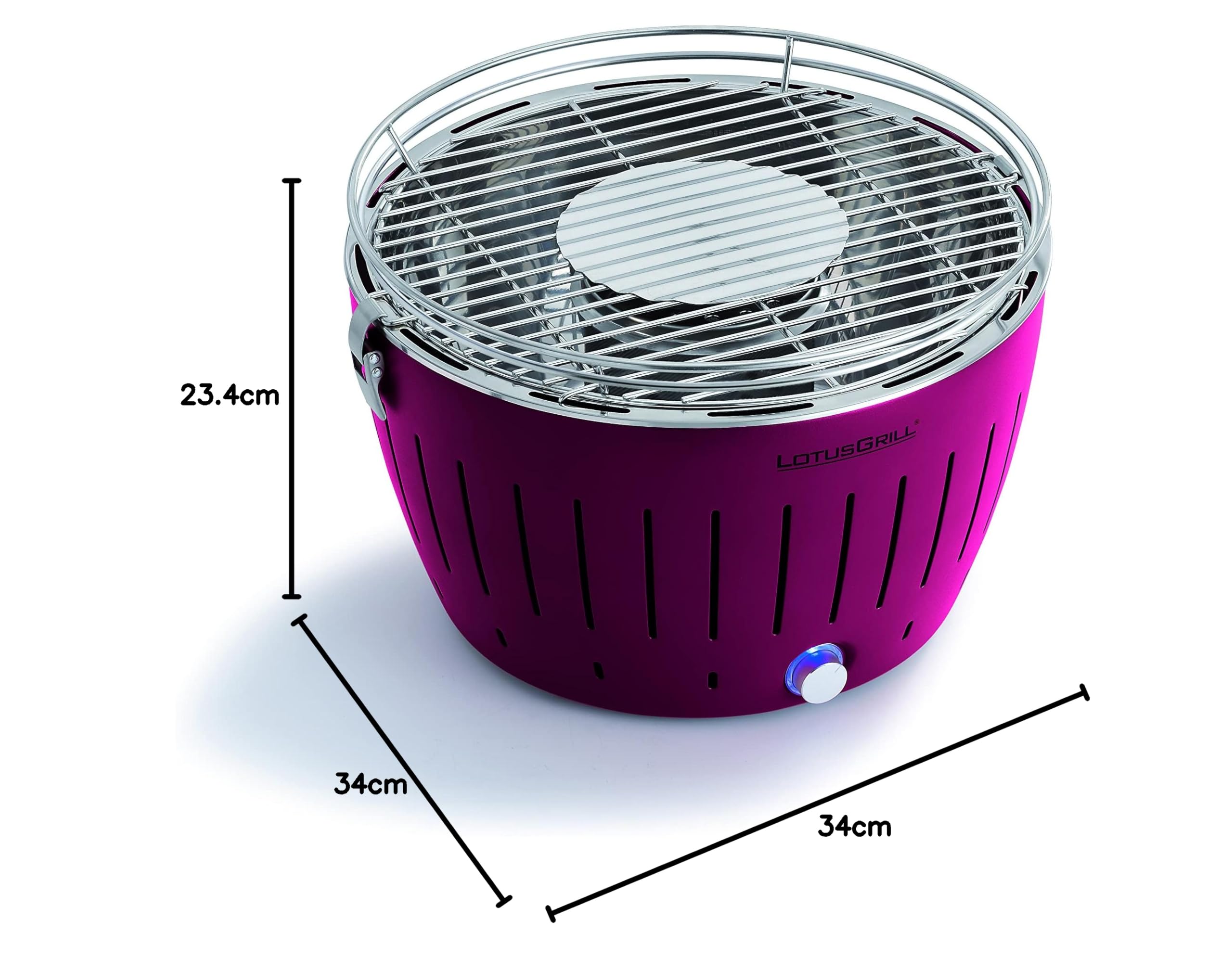 LotusGrill Starter-Set Classic 1x Grill Pflaumenlila mit USB-Anschluß, 1x Buchenholzkohle 2,5 kg, 1x Brennpaste 200ml, 1x Zange (Farbe nach Vorrat), 1x Tragetasche - der raucharme Holzkohlegrill