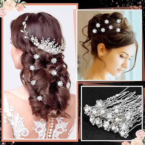 Miniatura 3 de 60 horquillas para el cabello con perlas y diamantes de imitación, accesorios para el cabello de novia en forma de U para mujeres y niñas (estilo