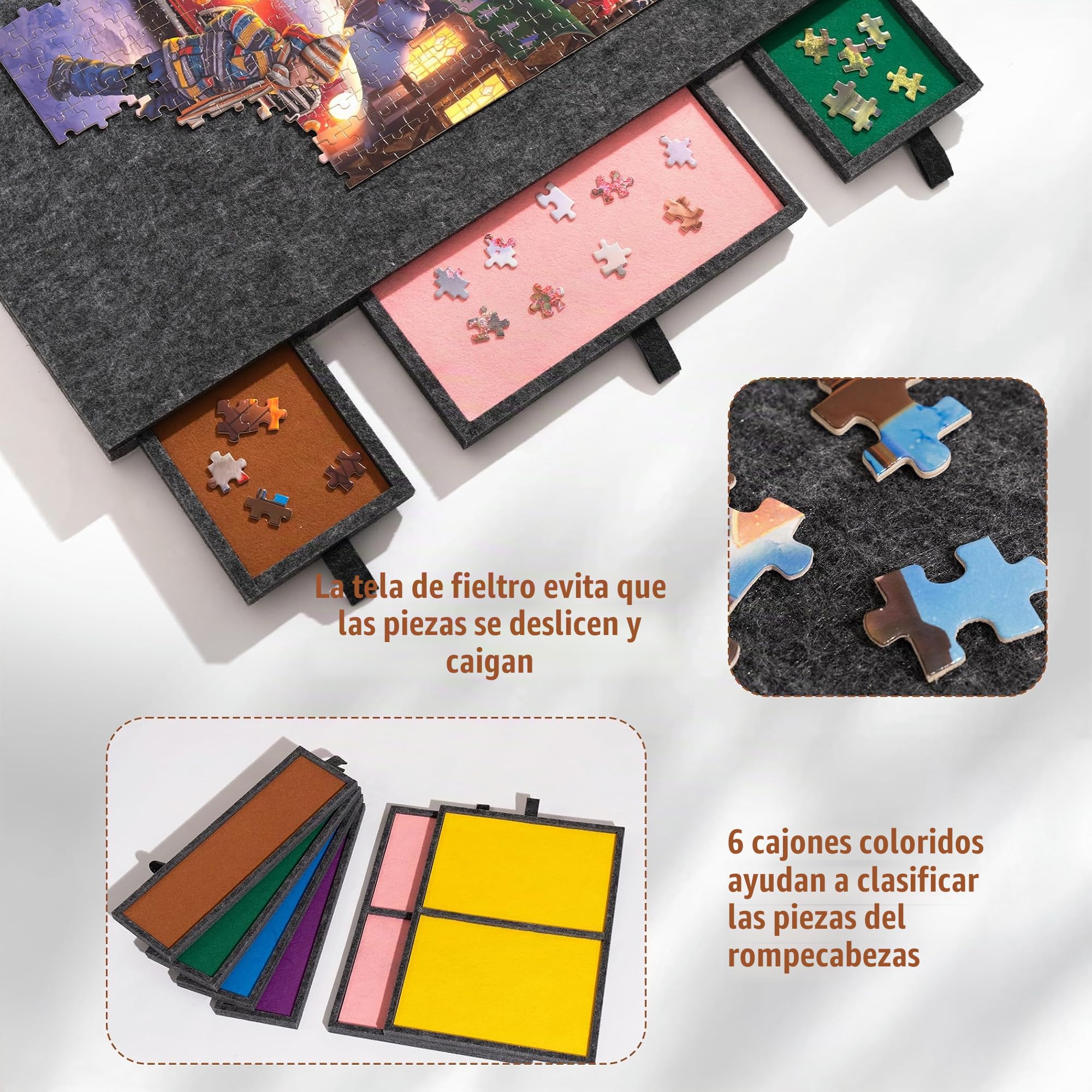 Tektalk Tablero de rompecabezas plegable con 6 cajones de colores, mesa de rompecabezas portátil para adultos, mesa de rompecabezas de fieltro súper ligera con cubierta, almacenamiento para 1500,