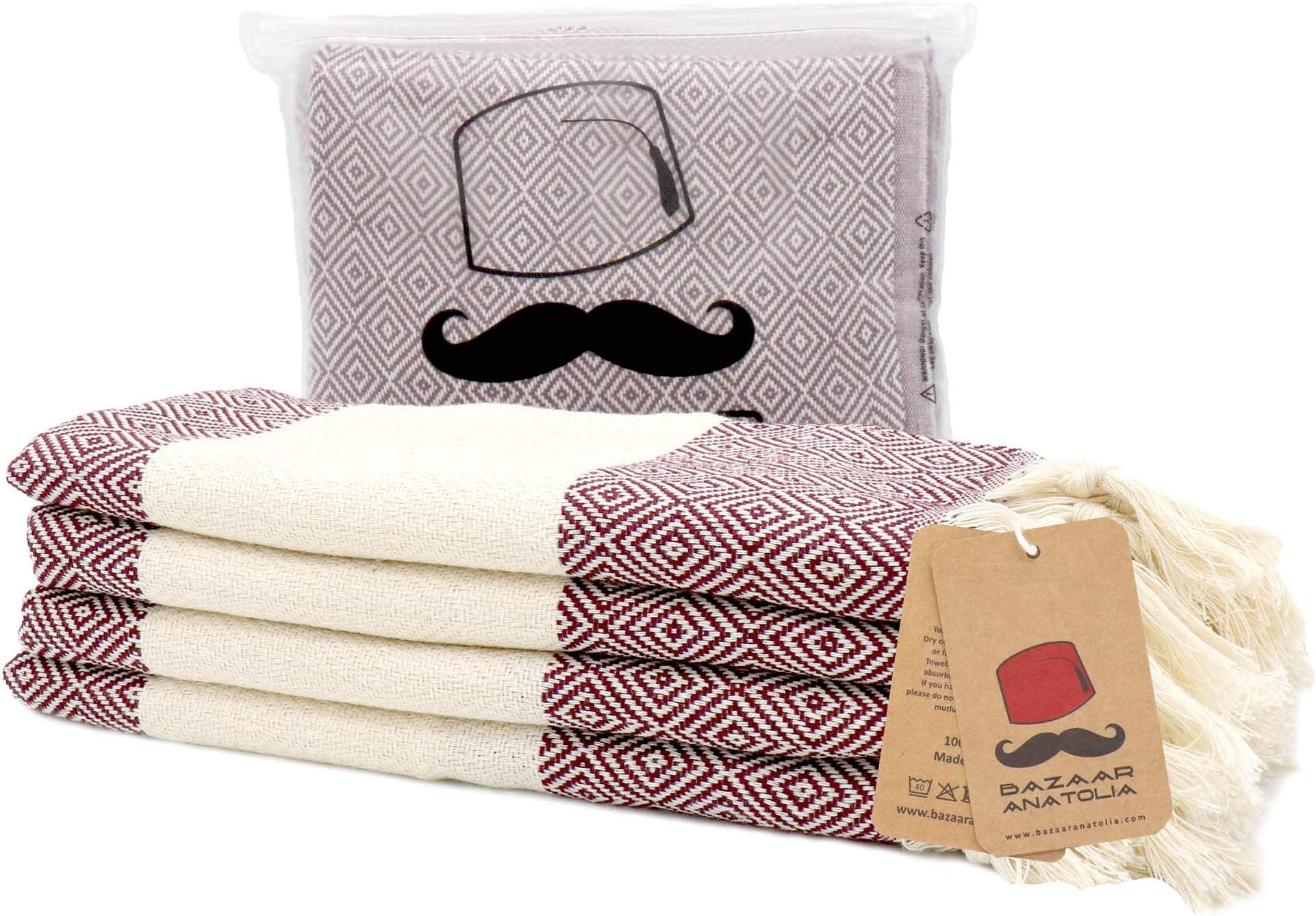 Bazaar AnatoliaTurkish Hand Towel Set of 4 Diamond Peshtemal Towel 100% Cotton 38x18 Light Weight Thin Quick Dry Hand Hair Gym Face Bath Tea Kitchen Dishcloth Set Decorative Bathroom Towel (Maroon)