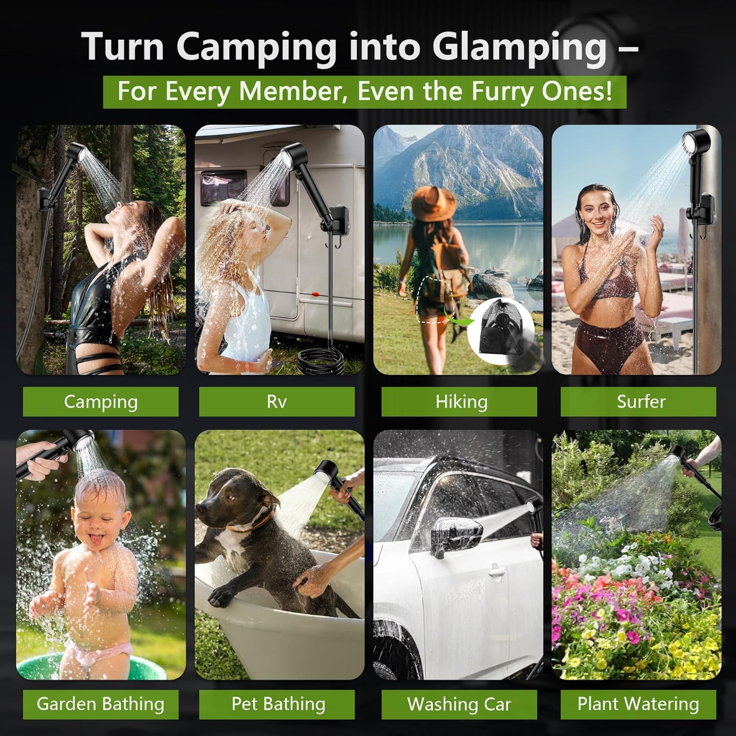 Portable Camping Shower with 8000mAh Rechargeable Battery - Lightweight Outdoor Shower Pump with 2.5m Hose, Hook & Suction Cup, for Van Life, RV, Pet, Hiking, Beach, Festival Use