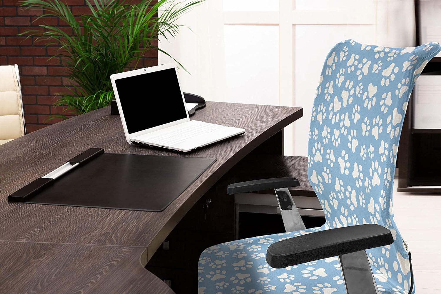 Ambesonne Paw Print Office Chair Cover, Animal Themed Pattern with Pet Foot Marks on Blue Toned Background Print, Stretchable Decorative Universal Size High Back Printed Slipcover, Ice Sky Blue