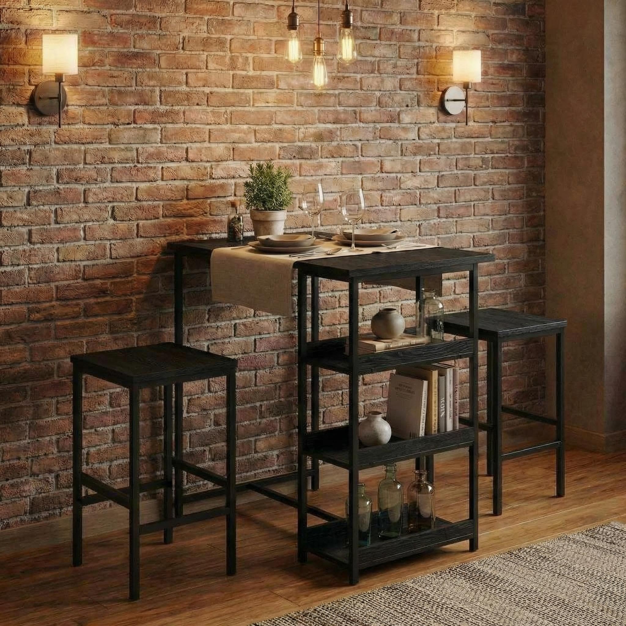 Garvee Bar Tisch Und Stühle Set, Rechteckiger Pub Tisch Mit 2 Hockern Für Kleinen Platz, High Top Tisch, 3-Teilige Frühstück Hocker Set, Robuster Metallrahmen, Einfach Zu Montieren,Schwarz