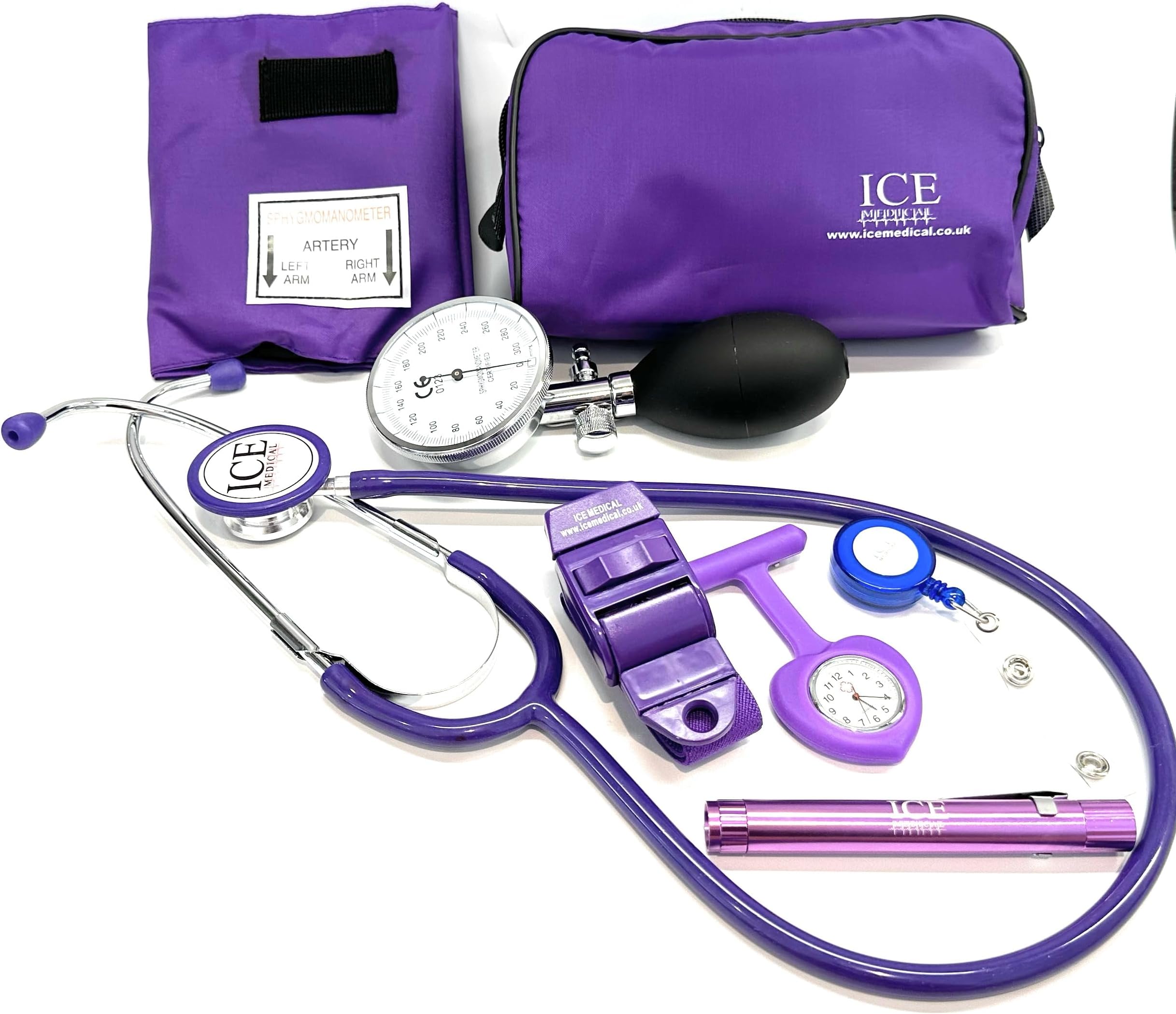 Aneroid Blood Pressure Sphygmomanometer Monitor, Stethoscope, Pen Light (Pen Torch), Tourniquet, Nurse Watch, Lanyard ID Card Holder - Starter Set (Purple with Heart Watch)