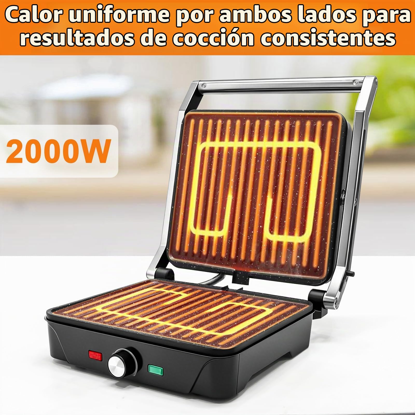 Parrilla Eléctrica, Grill, Sandwichera y Panini 2000W, Regulador de temperatura, apertura 180º, antiadherente, placa superior flotante, Cajetín Recogegrasa, 28 x 25 cm