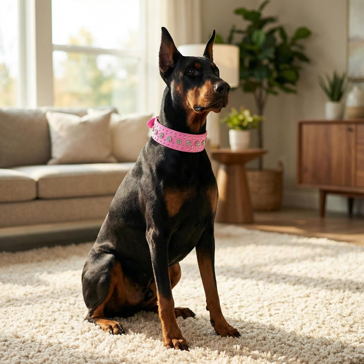 Rhinestones Dog Collars Flower Pattern Rhinestone Studded Leather Sparkly Crystal Diamonds Dazzling Sparkling Elegant Fancy PU Leather Dog Collar for Medium & Large Dogs (M, Pink)